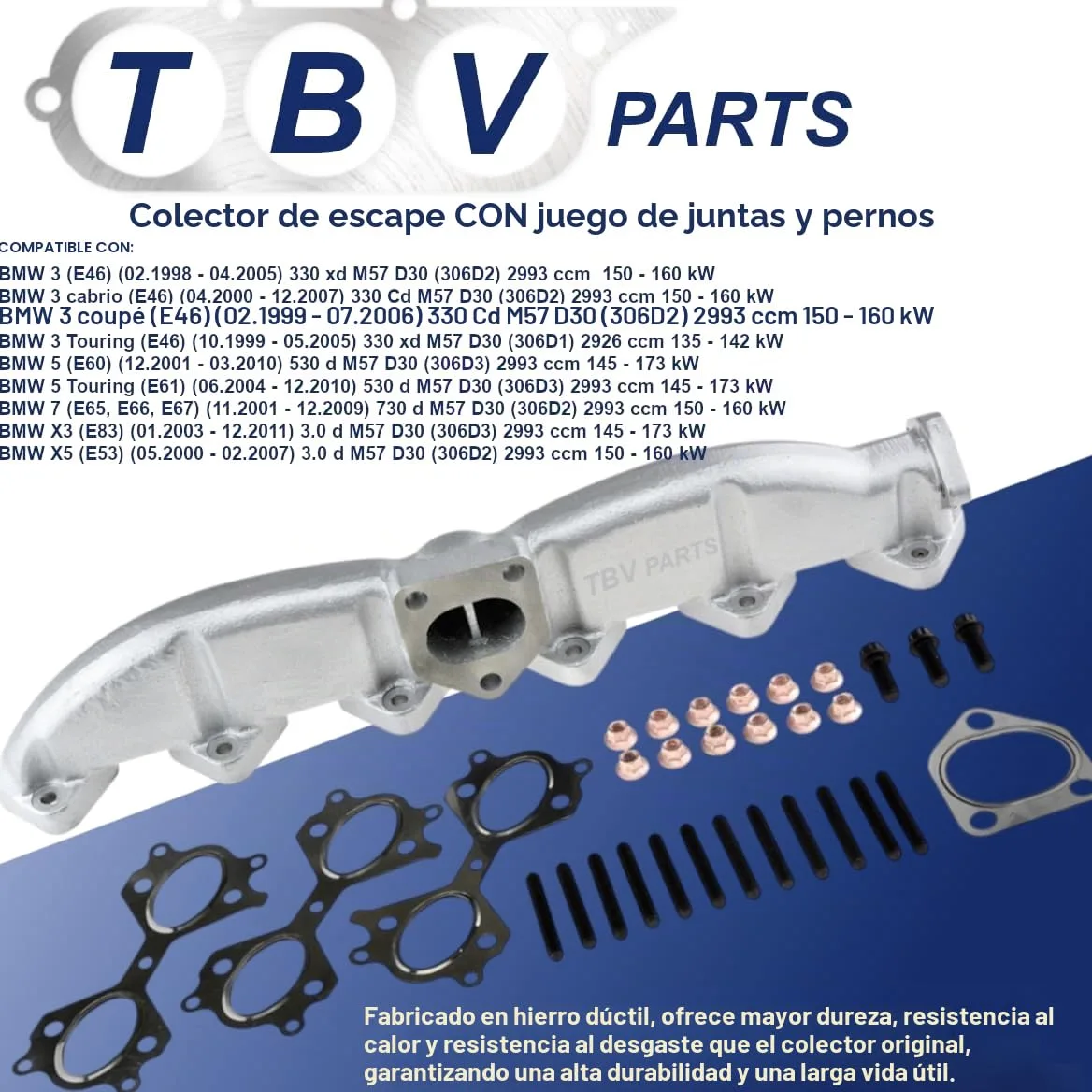 Colector De Escape 11622248166 Mas Juego De Juntas 18407788422 Hecho De Hierro Dúctil 11627788422 Compatible Para E60 E61 E65 X5 3.0d 2.5d M57 M57N 325d 330d 525d