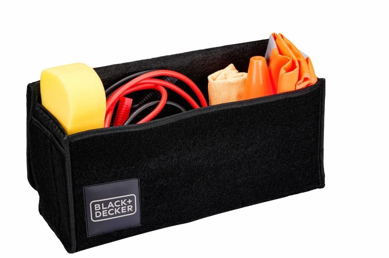 Black+Decker Organizador Maletero Coche - Organizador Coche 55 x 15 x 23 CM - Caja Plegable con 1 Compartimento Grande y 2 Bolsillos Deslizantes - Accesorios Coche y Compras - Con Velcro - Negro
