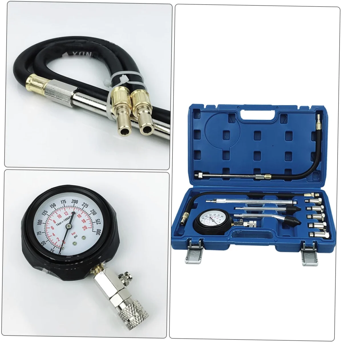 Manómetro de Presión para Cilindros de Motor Gasolina 1 Juego | Rango 0-300 Psi y 0-21 Bar, Adaptadores Rosca Métrica 10/12/14/18 Mm, Puntas Cónicas de Goma