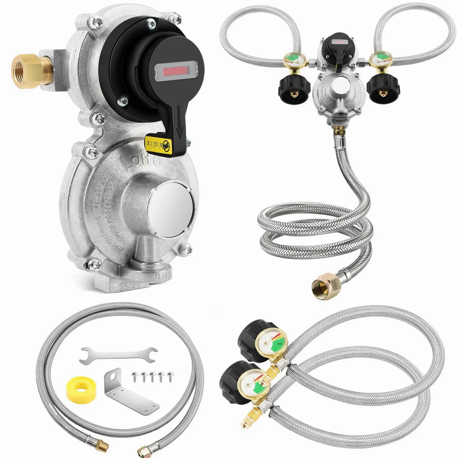Regulador de gas propano LP de cambio automático de 2 etapas con 2 mangueras de propano de 18 pulgadas con calibre y conjuntos de manguera de regulador trenzado de acero inoxidable de 6 pies