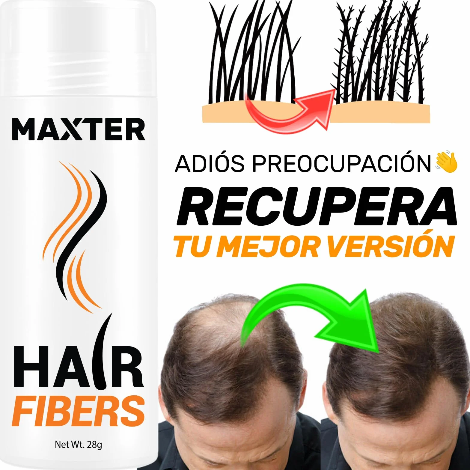 Maxter Microfibras Capilares Castaño Medio 100% Natural para Disimular Calvicie y Alopecia - Fibra Capilar Hombre y Mujer