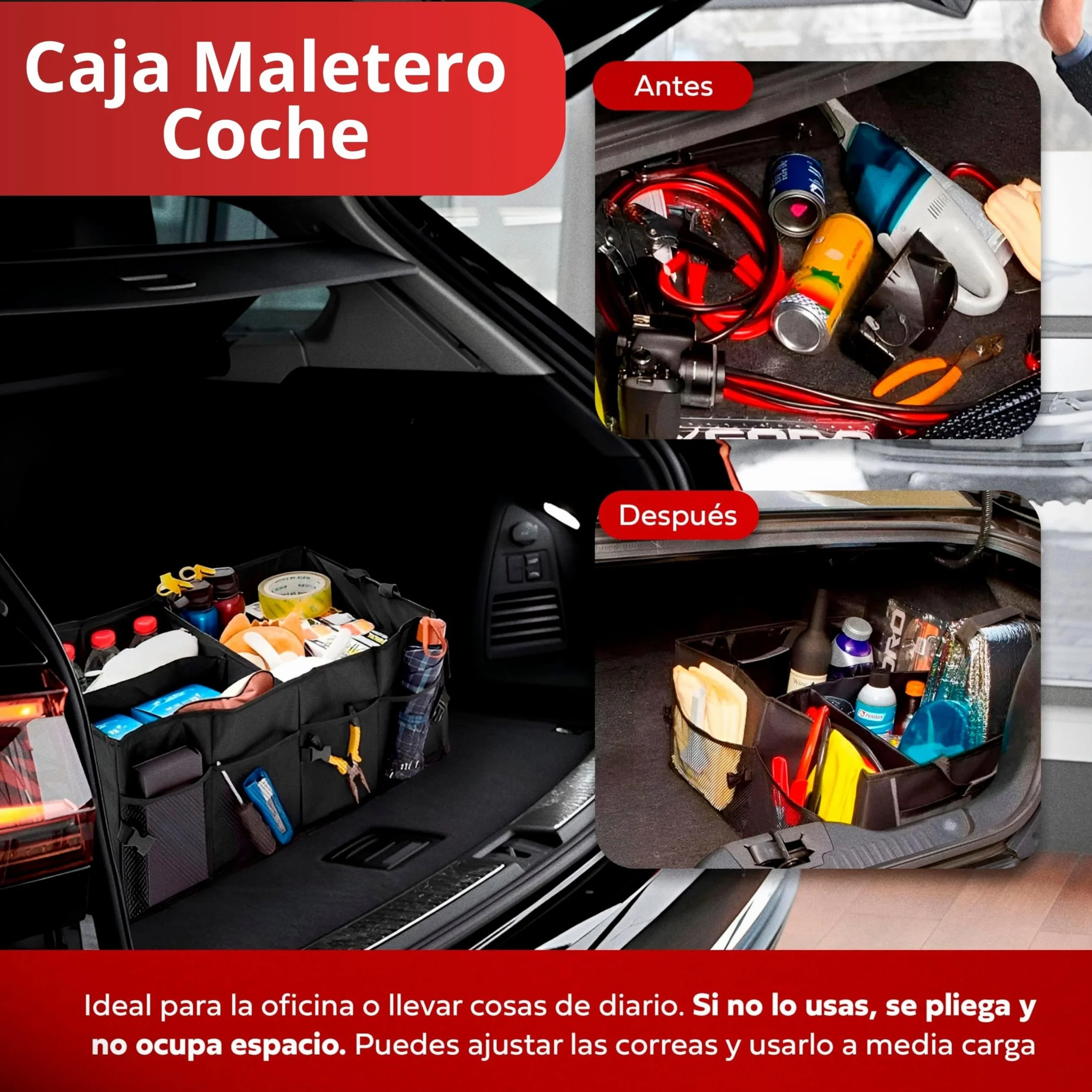 Organizador Maletero Coche Plegable - Flexible - Impermeable | 3 Compartimentos y 6 Bolsillos │ Asas Reforzadas │ Tamaño Adecuado para Coche, SUV o Furgoneta │ Mantén el Maletero Ordenado