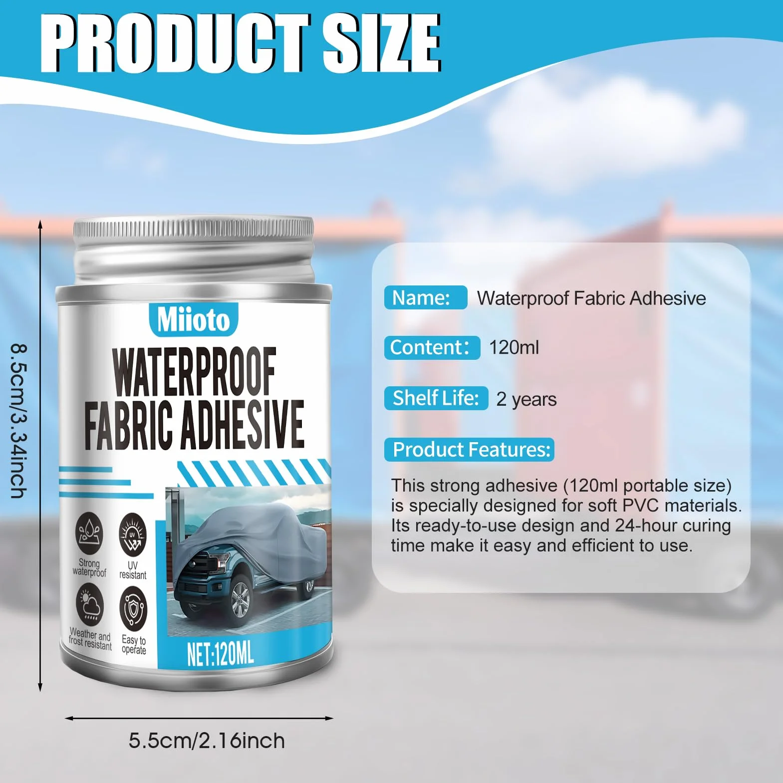 Miioto Pegamento PVC, Pegamento para Lona de Tela, Adhesivo para Lona de Tela con Brocha, Ideal para Lonas, Tiendas de Campaña, Lonas para Camiones y Reparaciones en Exteriores, 120ML