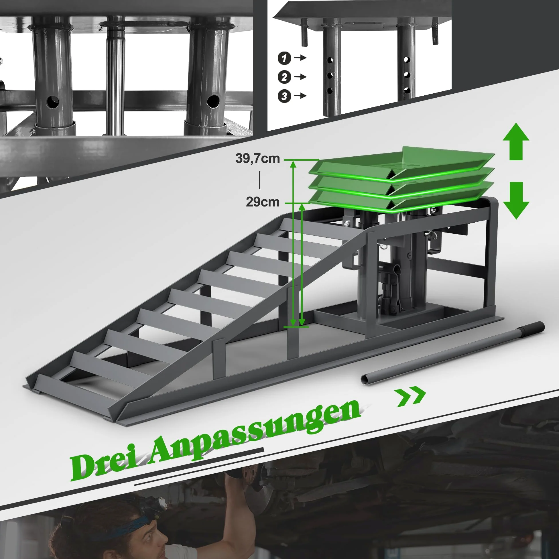 Juego de 2 rampas de carga para coche, altura regulable, plataforma elevadora, rampa de carga estable para mantenimiento y reparación, color gris