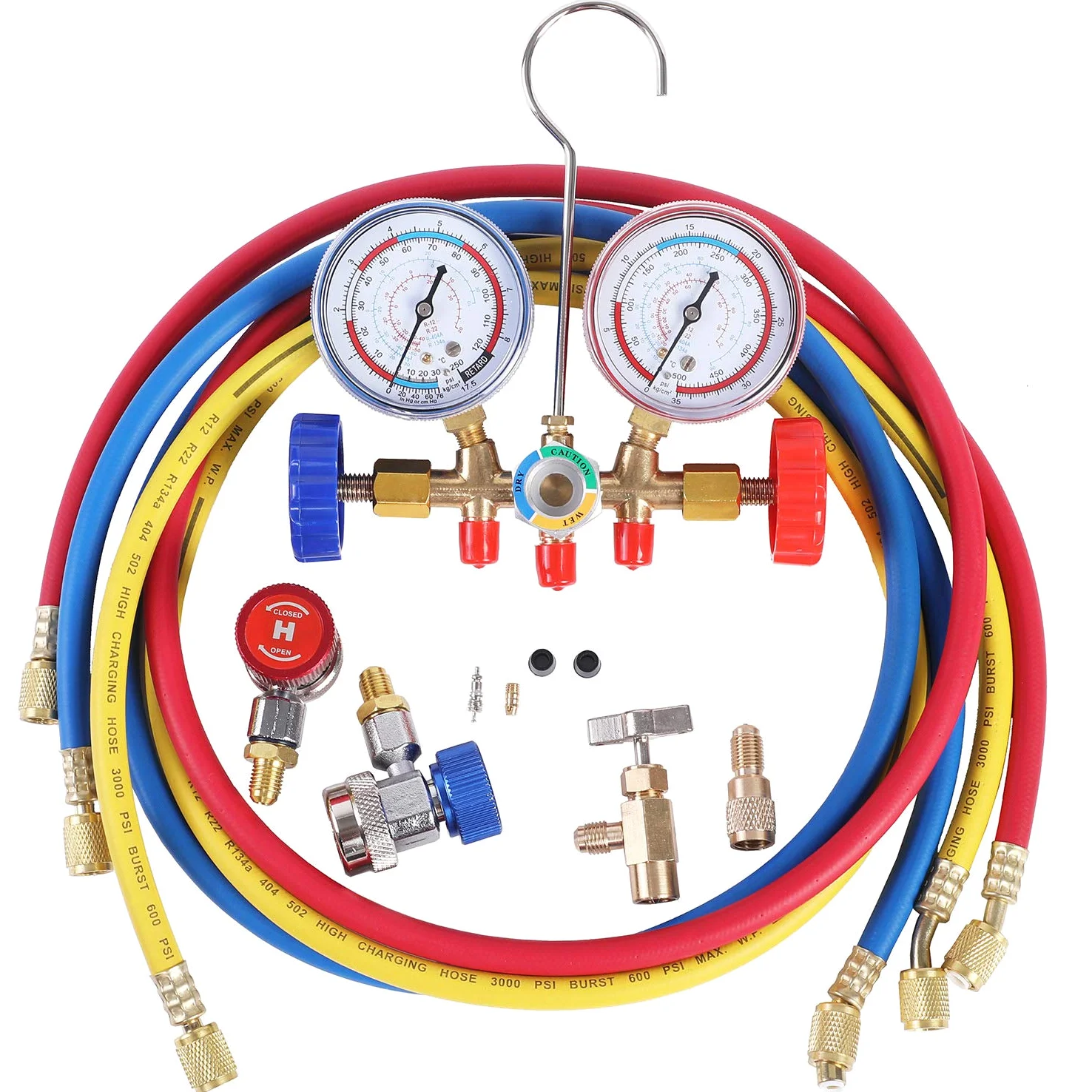 JIFETOR - Juego de 3 maneras de CA para refrigerante R12 R22 R404A R134A, con manguera de 5 pies, acoplador rápido ajustable, puede grifo y adaptador Acme