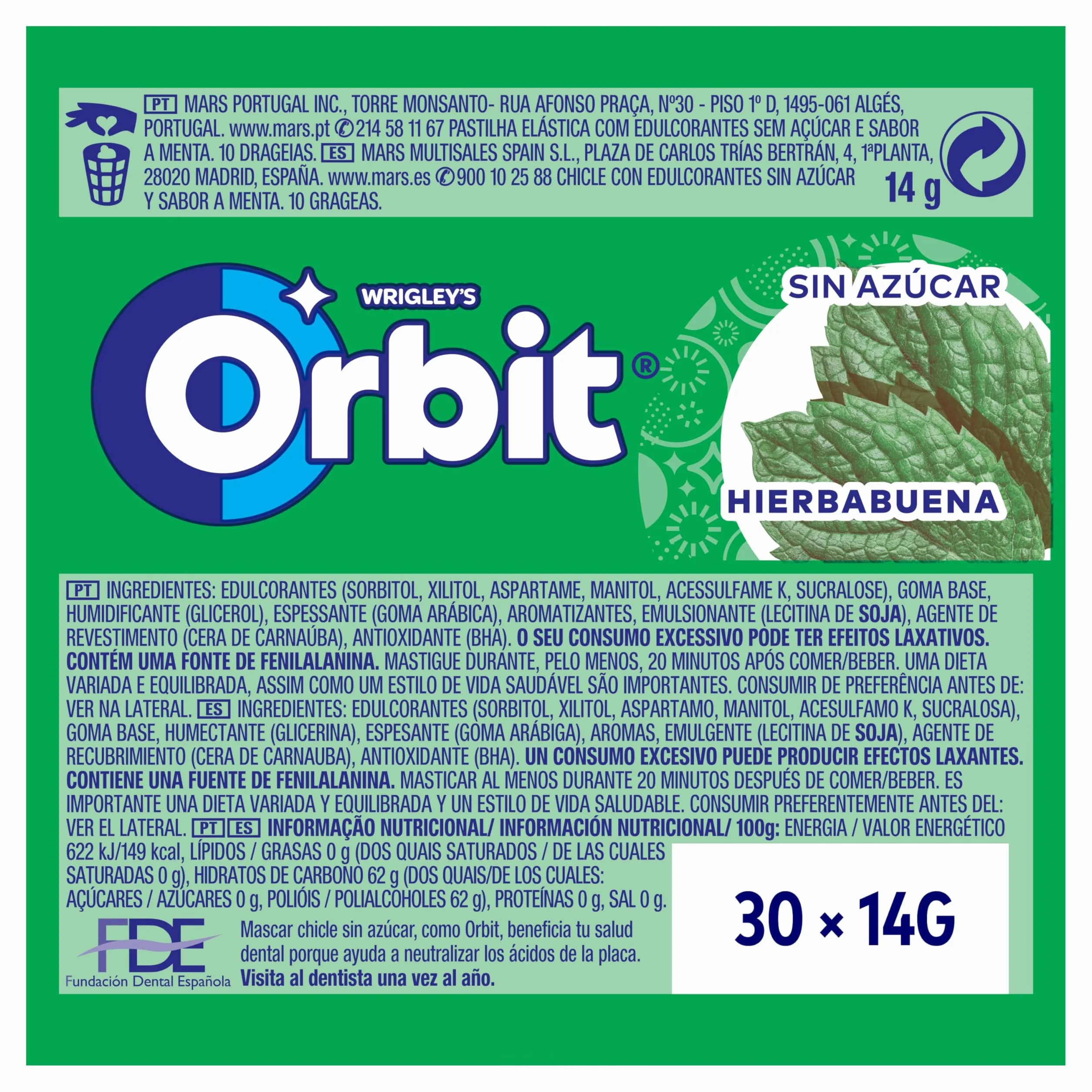 Orbit Chicles Sabor Hierbabuena Paquete 30 X 14 Gr 420 Gramo