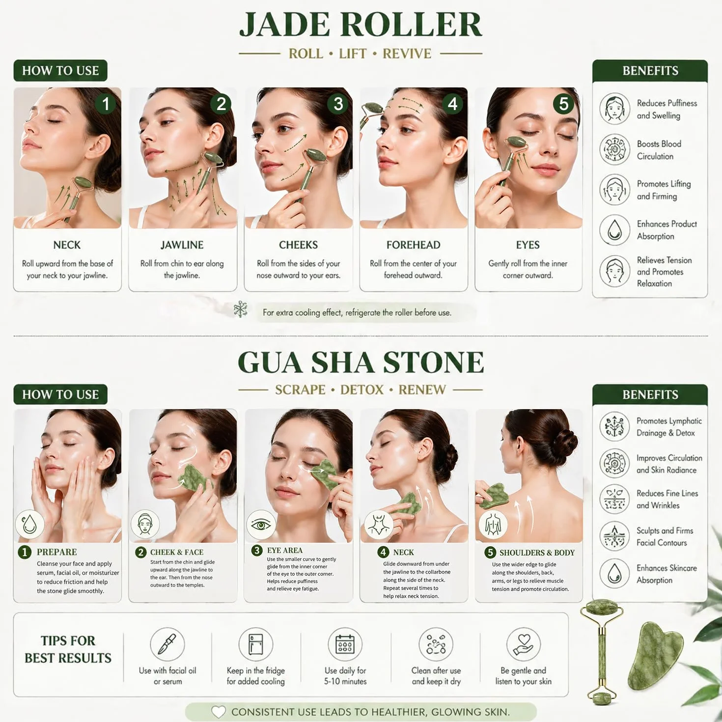 Cepillos Linfáticos Faciales Set 4 Piezas Jade Gua Sha y Rodillo de Jade Masaje Tensado Facial