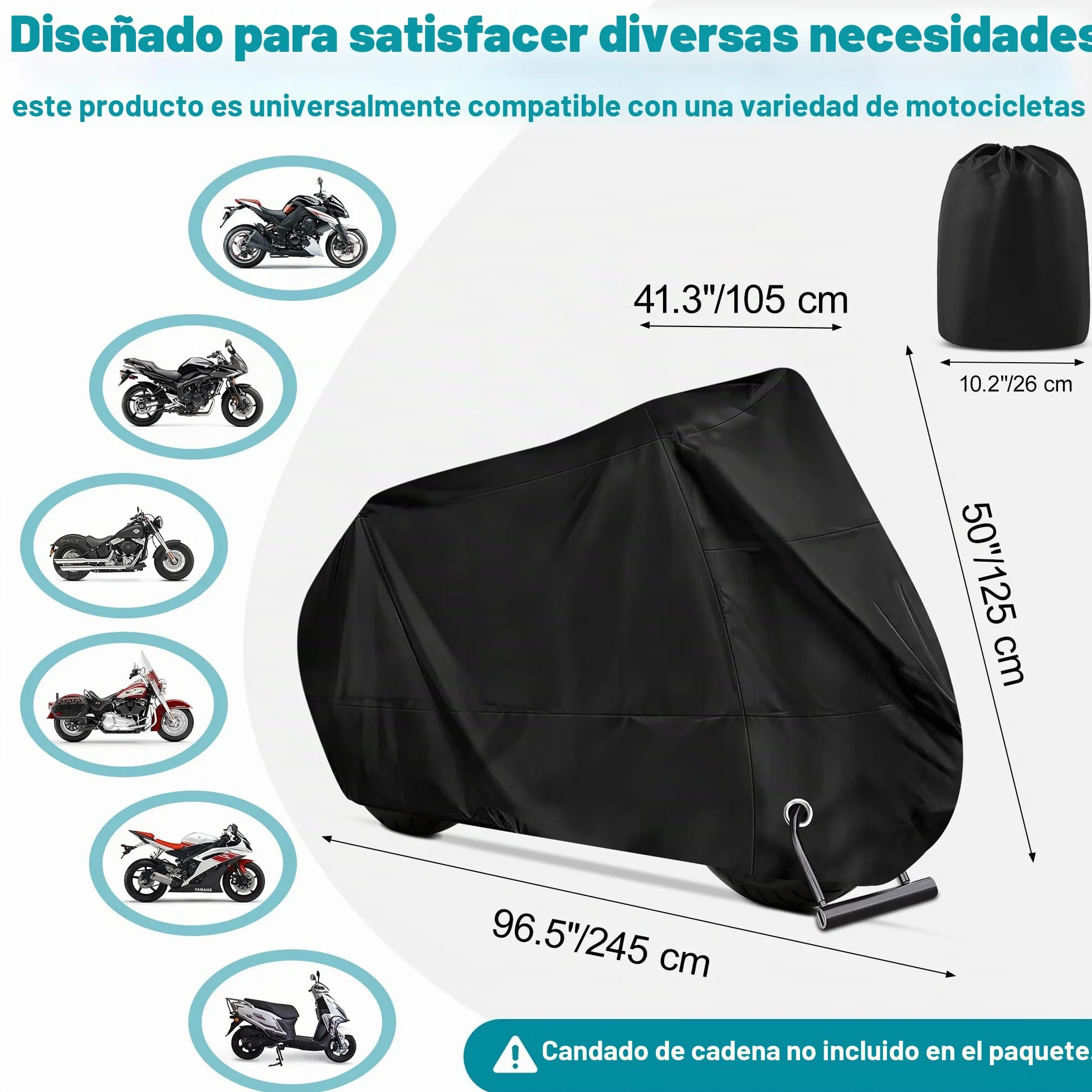 Funda Moto Impermeable Cubre Moto Impermeable Exterior Interior 210D Poliéster Capa Protector Lluvia UV Polvo Viento Nieve Excremento de Pájaro para Cubre Scooter Motocicleta (245x105x125cm)