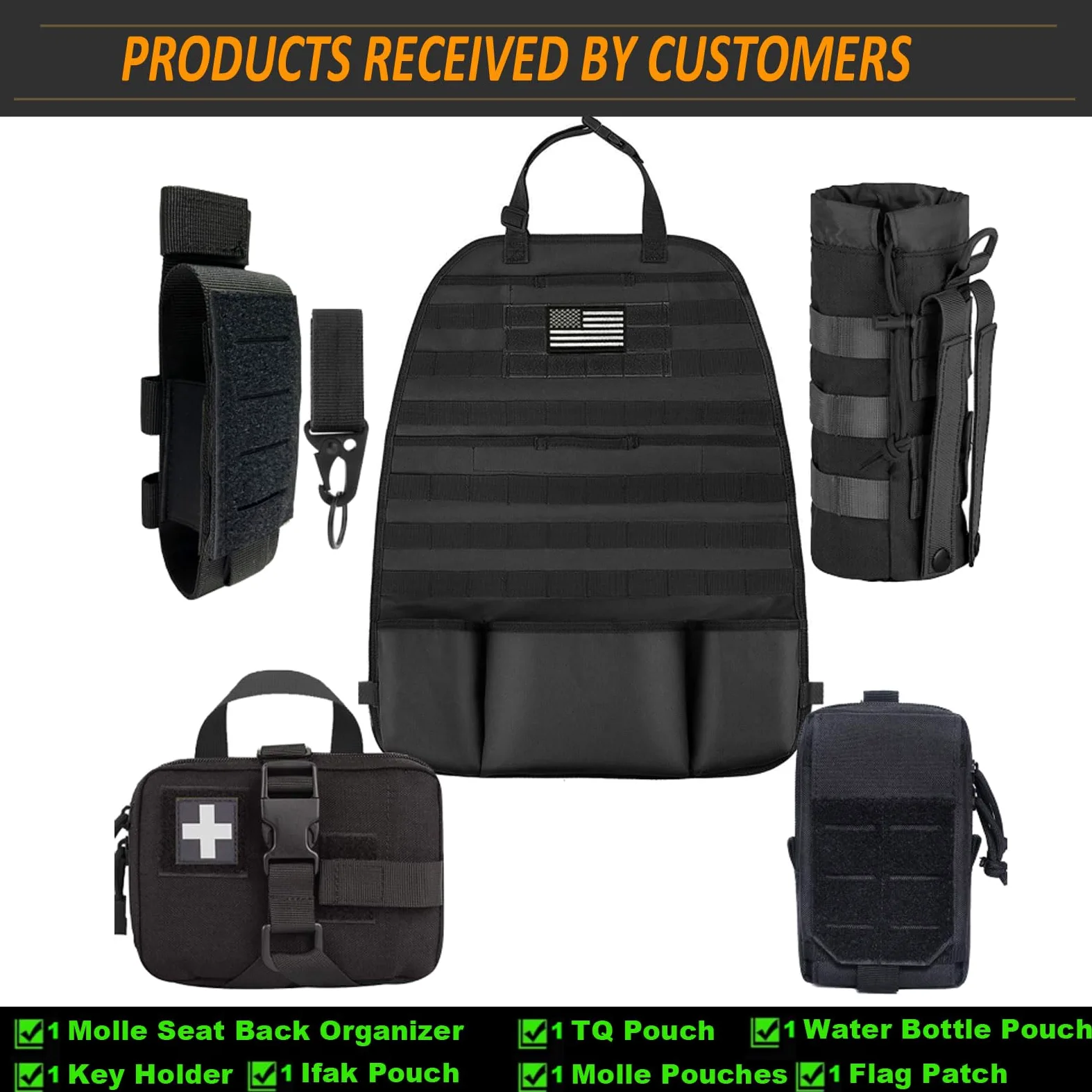 Molle - Organizador de asiento de coche táctico con bolsas Molle para el asiento del coche, protector para asiento de coche, color negro