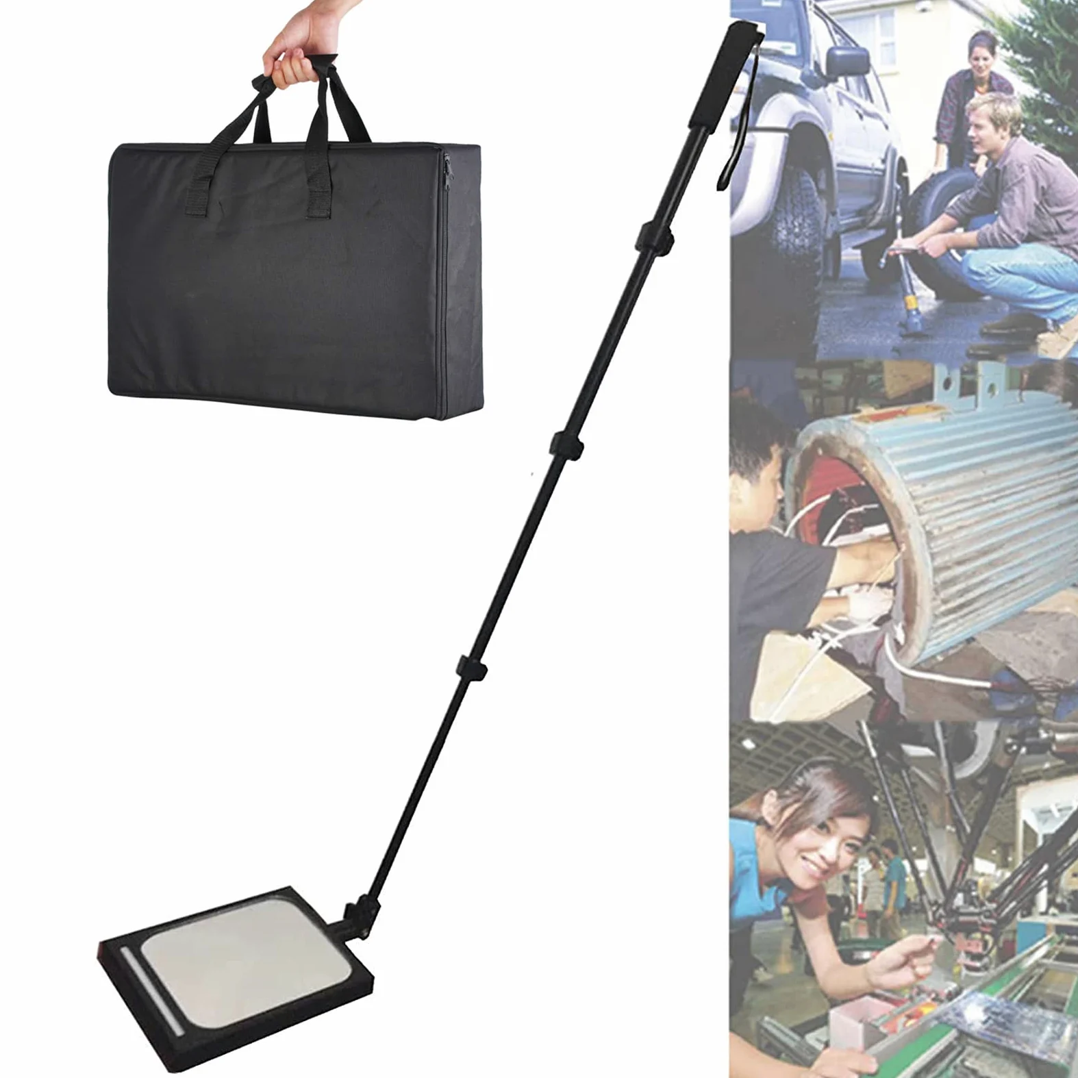 Espejo De Inspección para Bajos De Vehículos con Luz Led, Espejos Telescópicos Convexos con Varilla Ajustable De 36 Cm A 120 Cm, Espejo De Seguridad para Reparacione