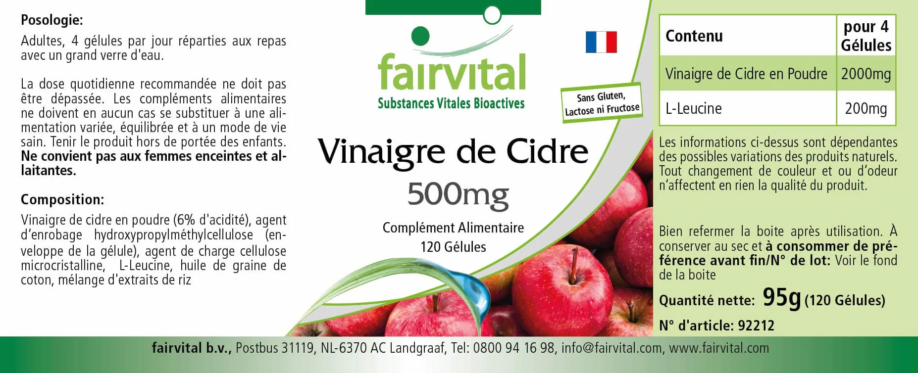 Cápsulas de vinagre de manzana, 120 cápsulas, 500mg, veganas, alta dosis