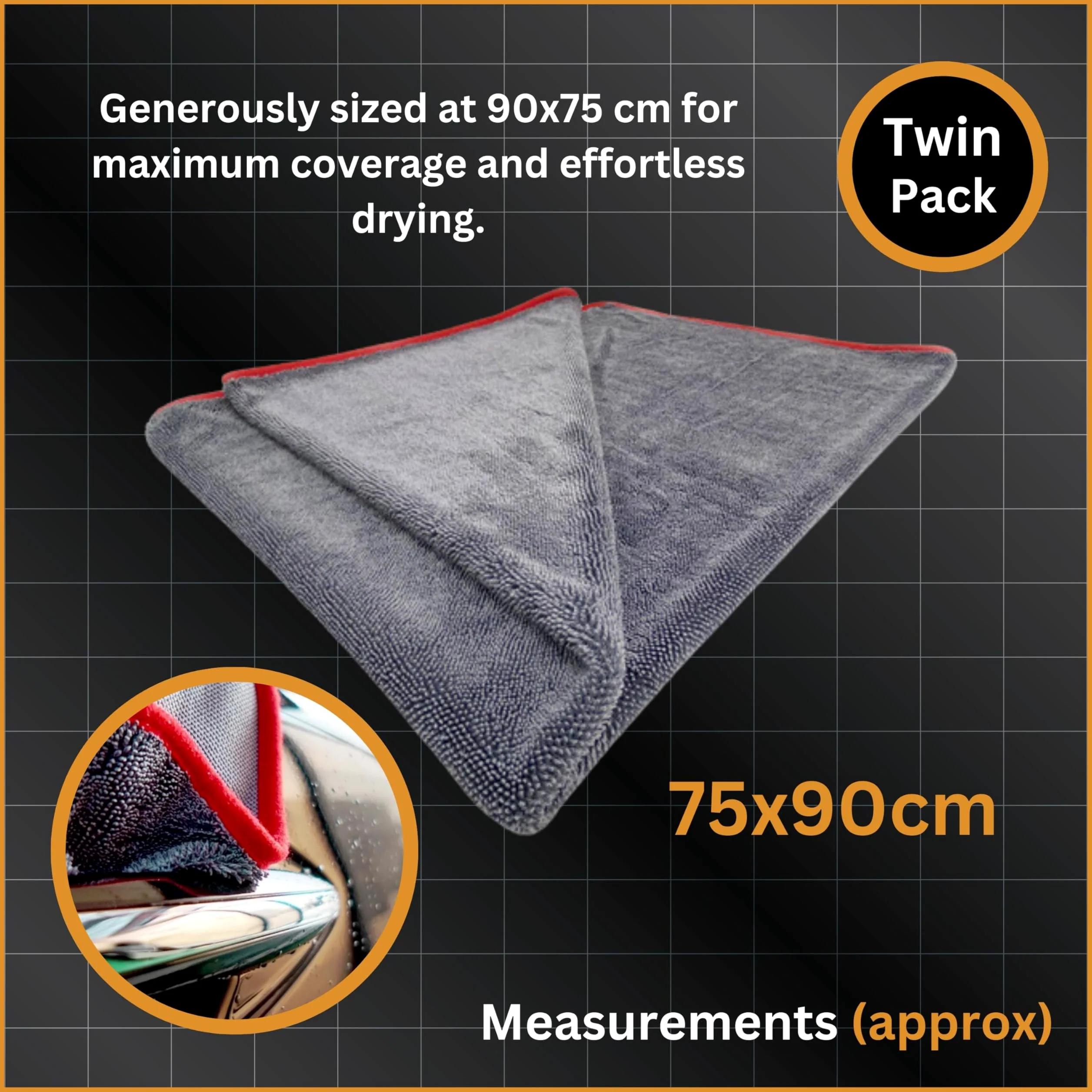 Tek Automotive Paquete de 2 toallas de secado de microfibra de triple torsión, ultra absorbentes, sin arañazos, extra grandes, 90 x 75 cm, toalla de secado de coche para limpieza, detalles y pulido