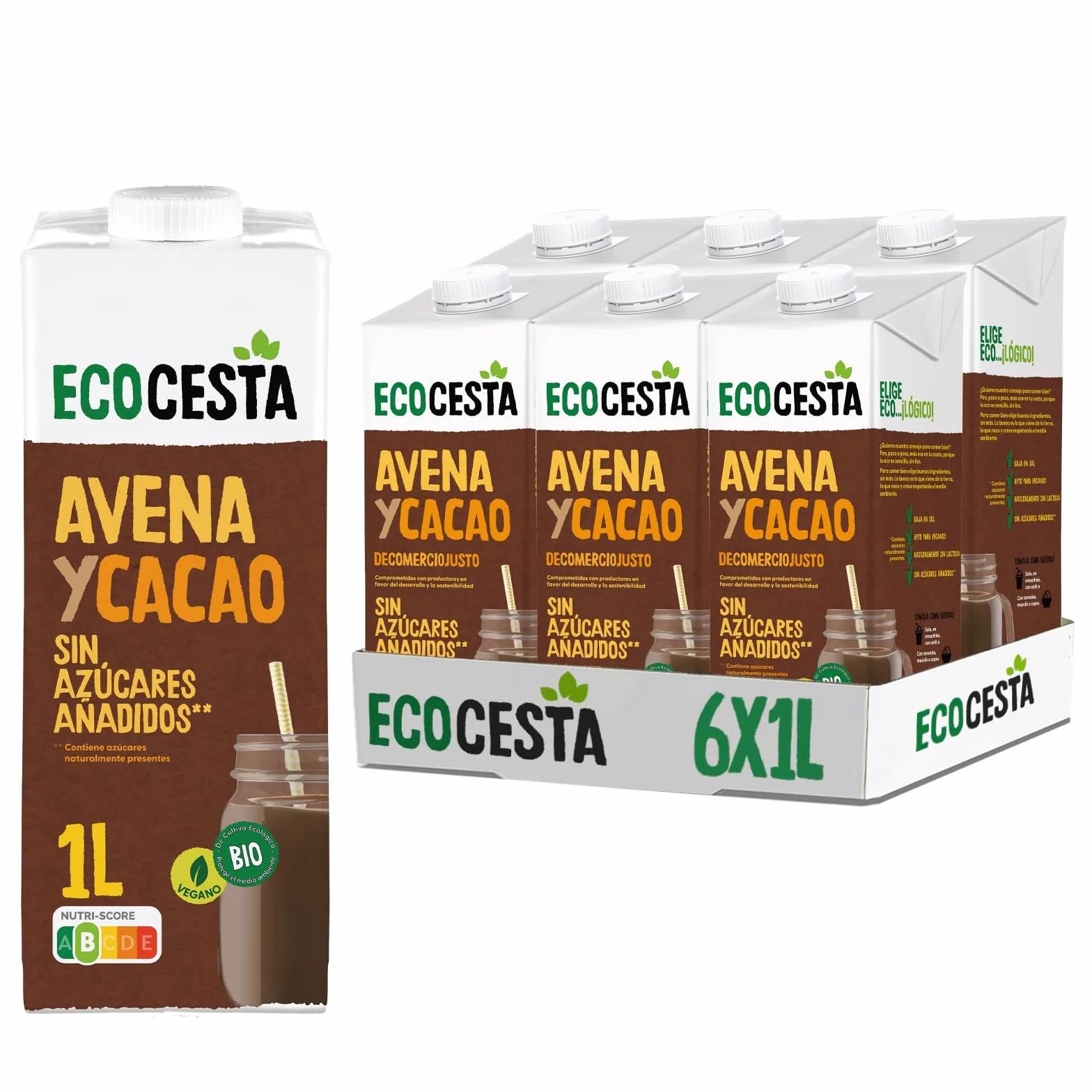 Ecocesta Bebida Ecológica Vegetal de Avena con Cacao Pack 6 x 1 L Sin Azúcar Añadido