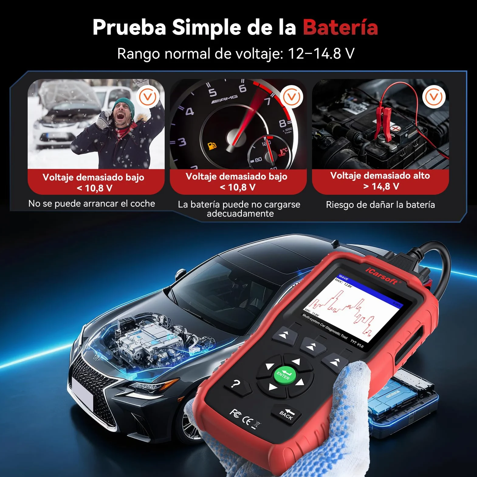 iCarsoft TYT V1.0 OBD2 Máquina Diagnosis Coche para Toyota/Corolla/Nissan/Honda/Hyundai/Kia, Escáner de Todo el Sistema, Reinicio de Aceite, Calibración SAS, Prueba de Batería, Actualización por Vida