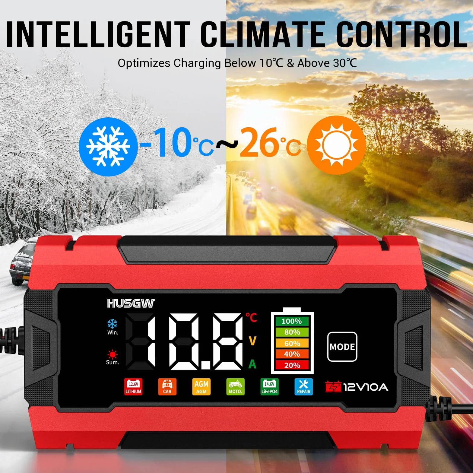 12V 10A Cargador de Batería de Coche, LiFePO4 Cargador de Batería de Moto, Proceso de Carga de Tres Etapas, Protección de Seguridad Múltiple, para Auto, Moto, AGM, Gel, Wet, SLA, LiFePO4 (10 Rojo)