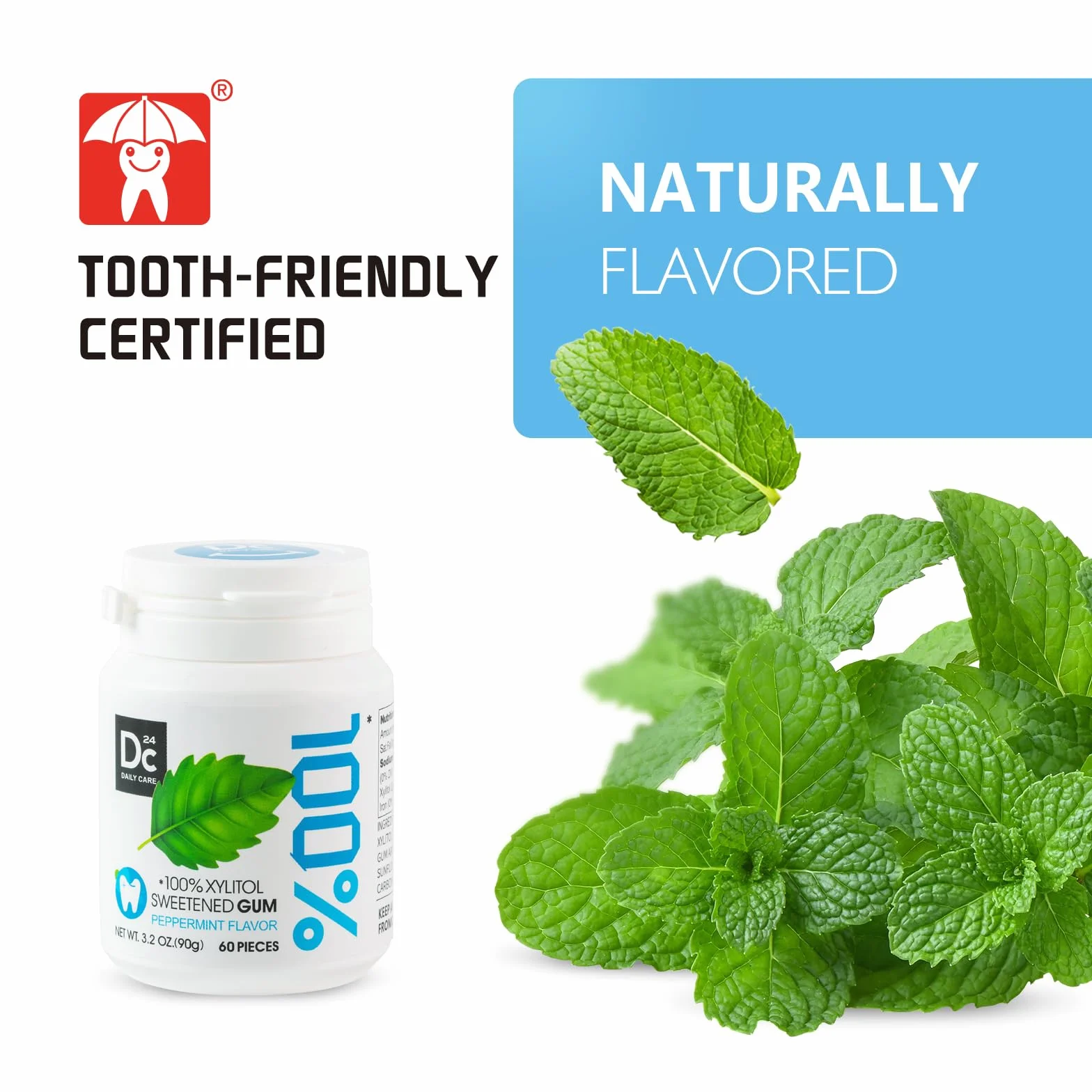 Chicle 100% Xilitol Sin Azúcar Menta Piperita 60 Piezas Paquete de 2 Vegano Sin Gluten