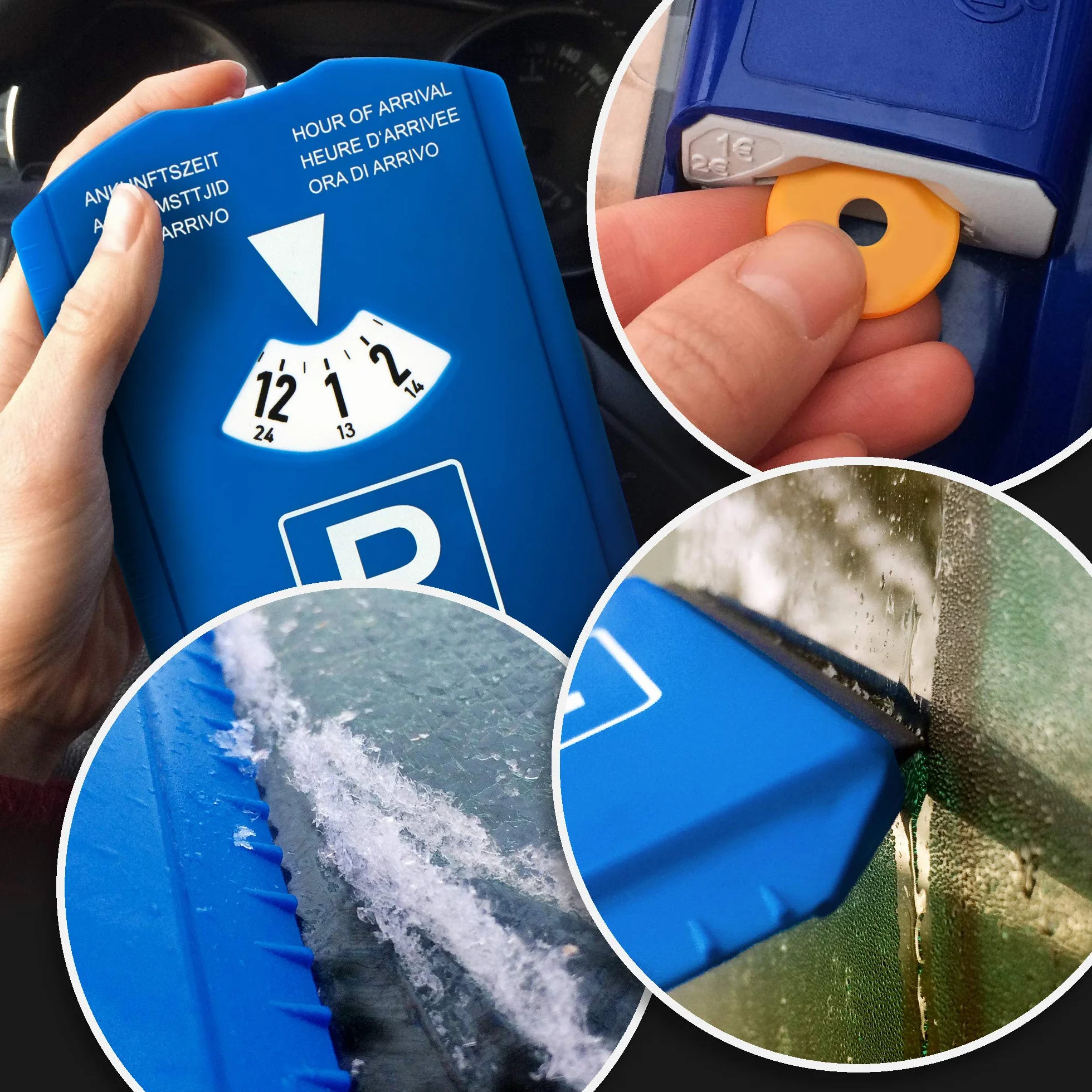 com-four® 2X Disco de Estacionamiento con Raspador de Hielo - Borde de Goma y Chip para Carrito de Compras - Parquímetro de Plástico (02 Piezas - Disco de estacionamiento con Chip)