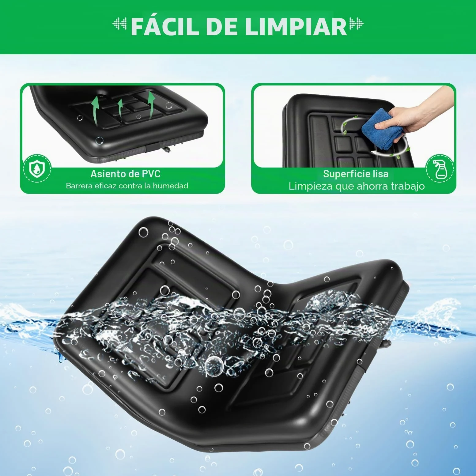 Asiento de tractor universal con respaldo, piel de PVC impermeable, 44,5 x 35,5