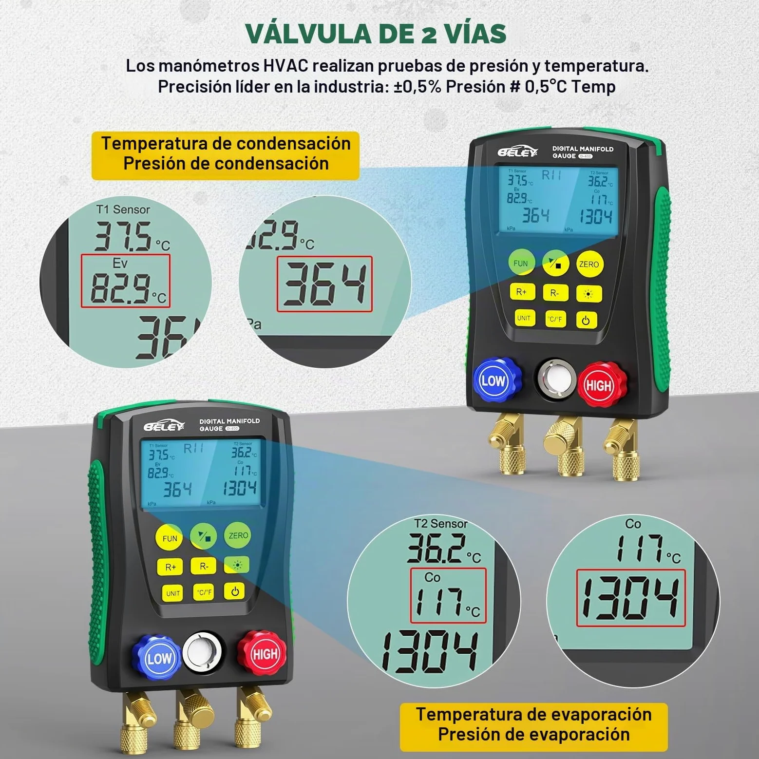 Manómetro Digital para Aire Acondicionado Kit HVAC con Base Datos 93 Refrigerantes, 150cm Mangueras de Refrigerante y Clips de Temperatura para Mantenimiento de Aires Acondicionados y Frigoríficos