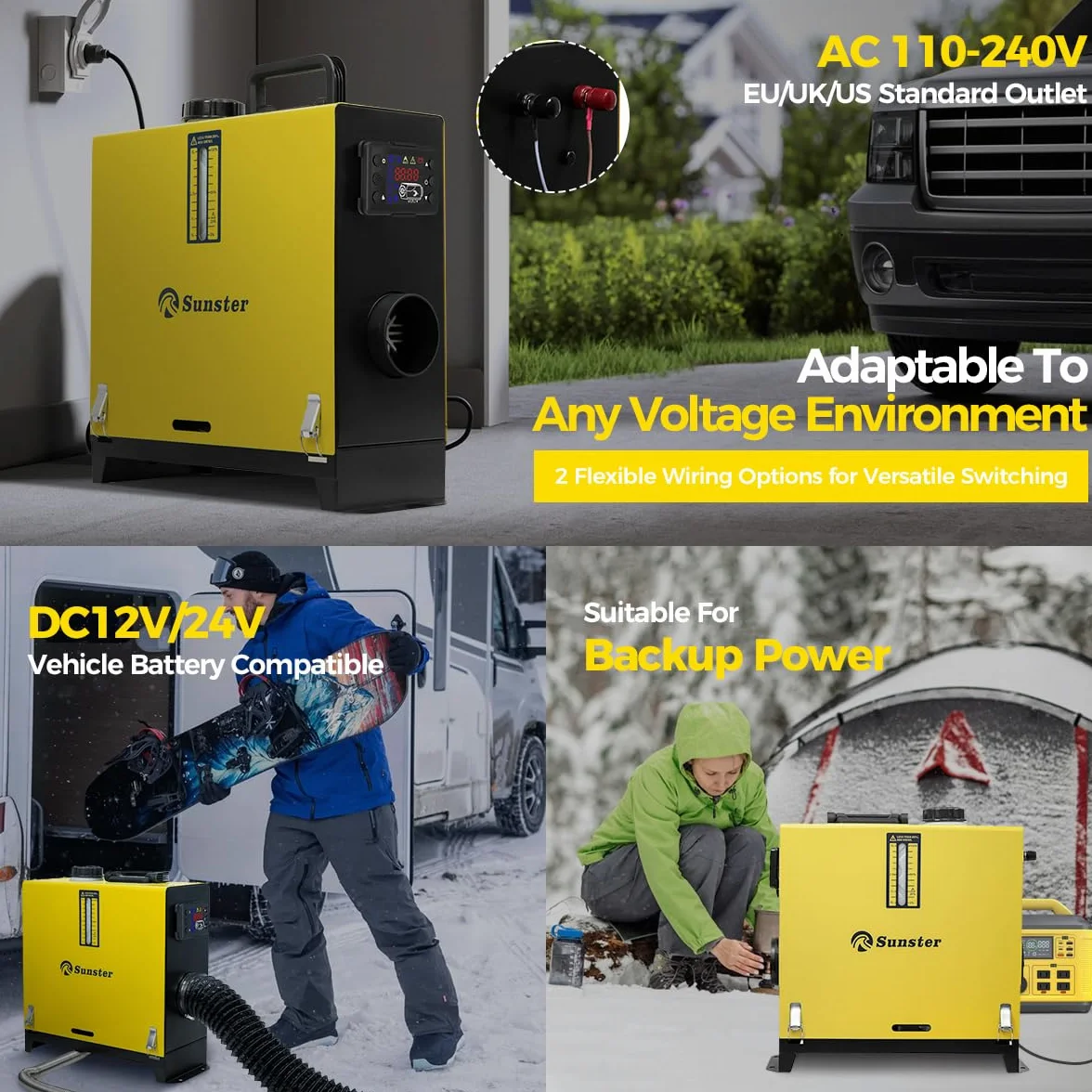 Sunster Calefacción diesel de 8 kW, 12 V/24 V CC y 240 V CA, calefactor de aire diésel todo en uno con adaptador, mando a distancia y pantalla LCD, calentamiento rápido, calefacción diesel portátil