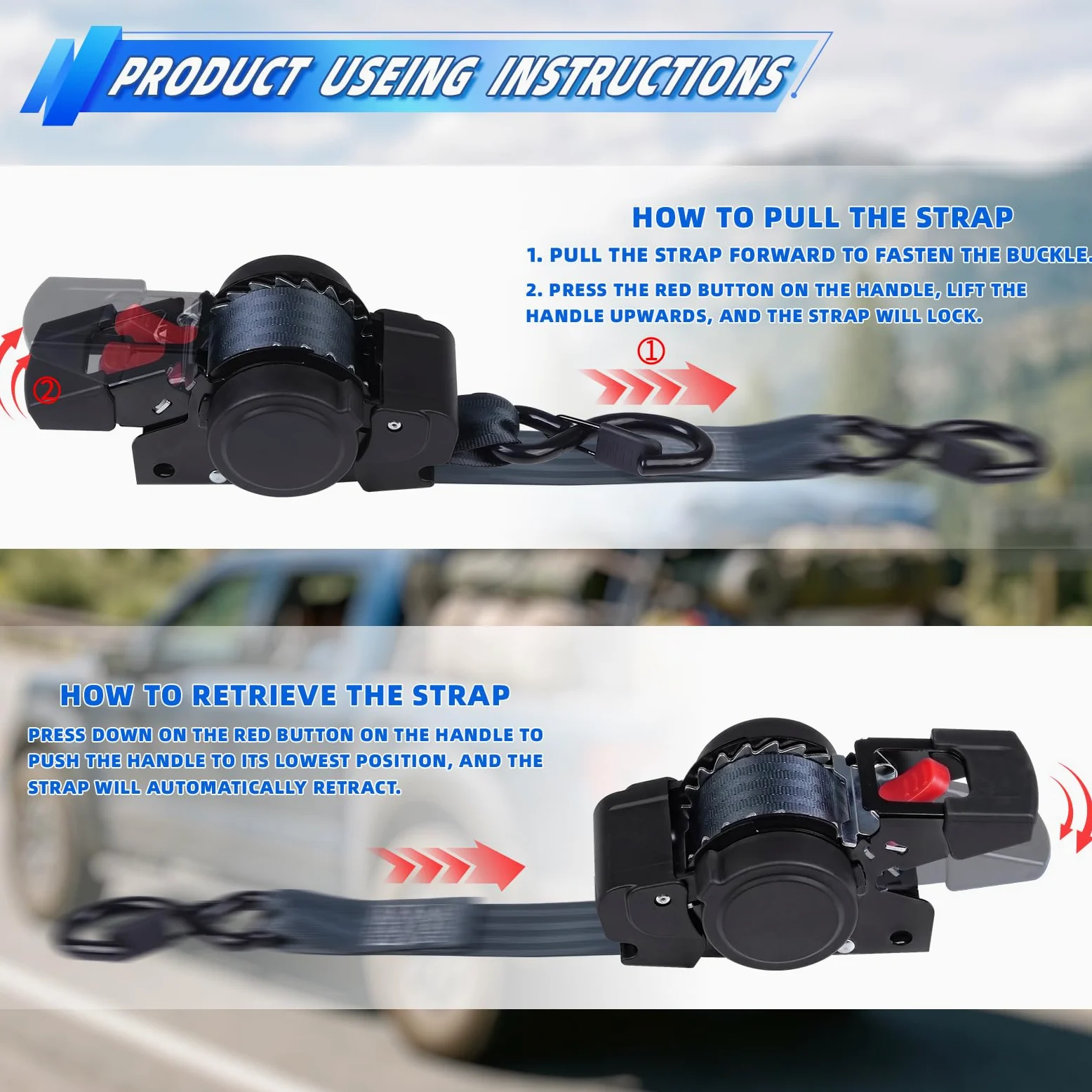 Paquete de 2 correas de trinquete retráctiles (1.5 pulgadas x 12 pies), correas de carga para maletero, motocicletas de garaje, ATV, remolques-WLL1,46.3 kg, BS: 1.0 kg (negro)