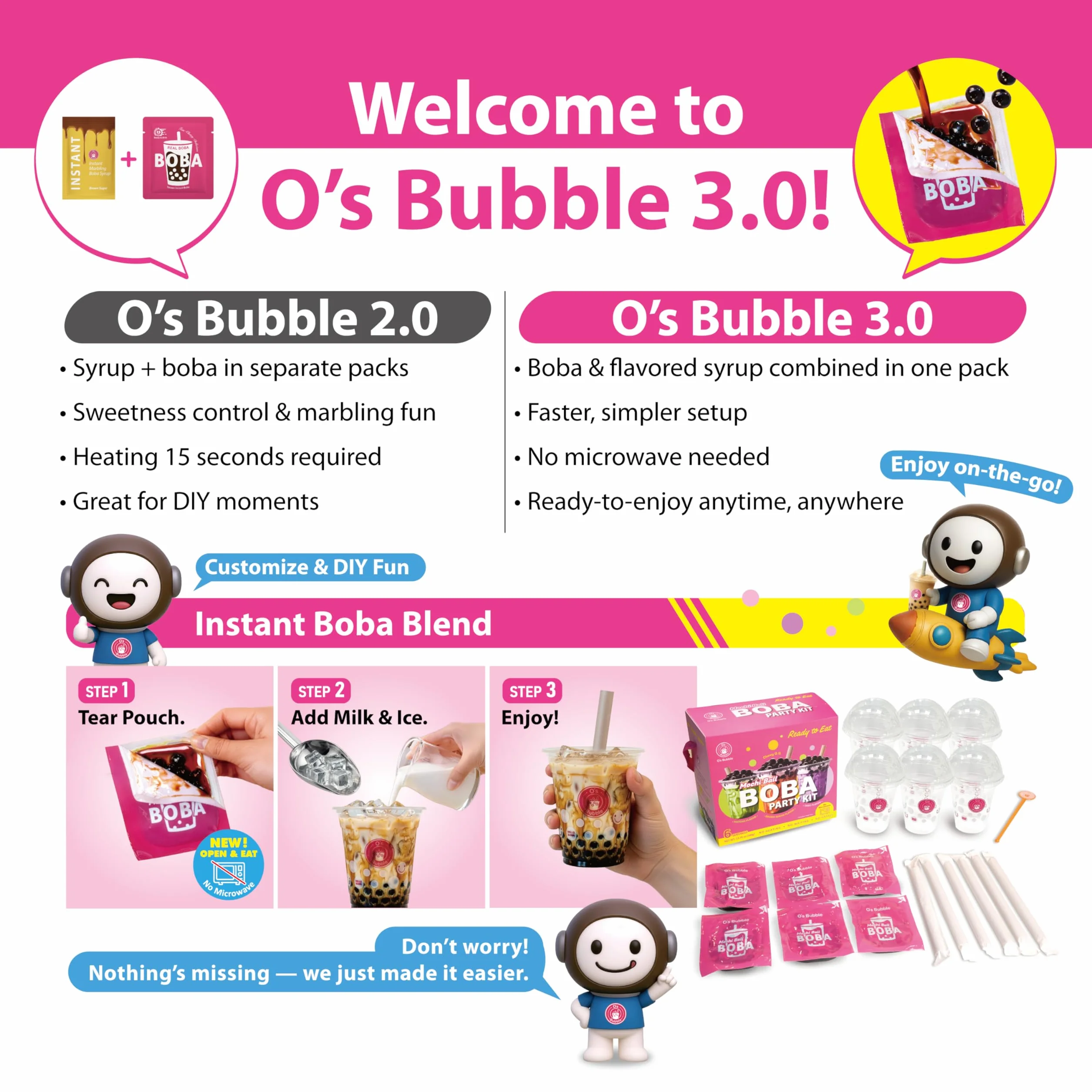O's Bubble BOBA Party Kit 3.0 - Kit de té Boba todo en uno con Boba masticable - Sabores mixtos - Incluye tazas, popotes, agitador - 6