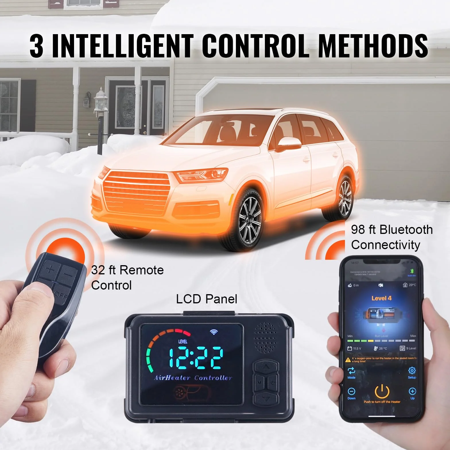 VEVOR Calentador Diésel Portátil 12V 8kW Todo en Uno 0,16-0,62 L/h 8~36°C 20-25 m² LCD Bluetooth Mando a Distancia Depósito 5 L
