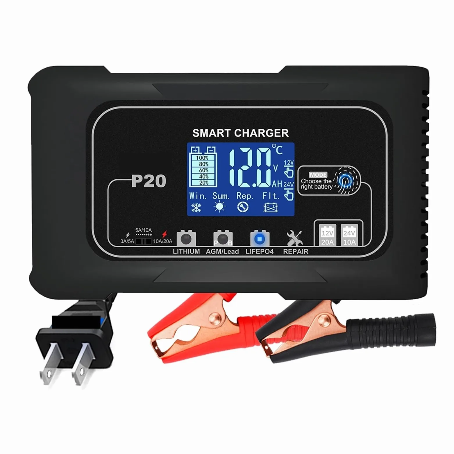 Cargador de Bateria, Cargador de batería inteligente de 15A/20A con carga de reparación por pulsos automáticos