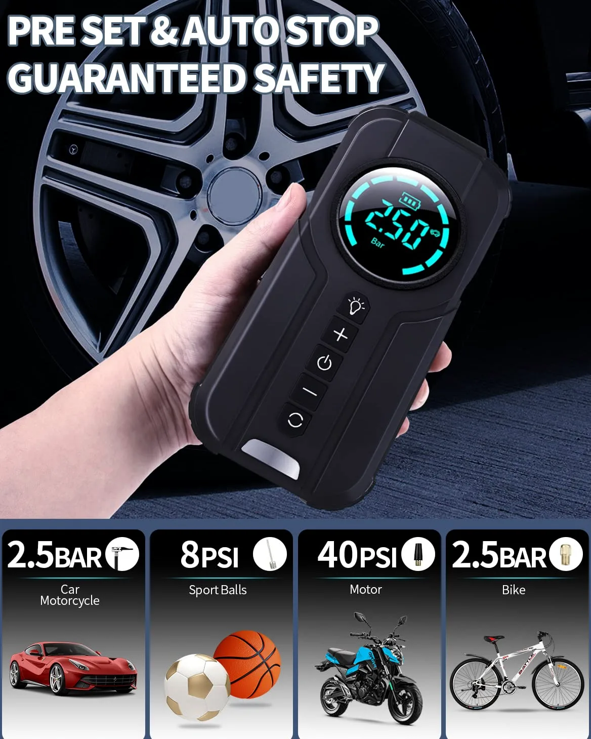 VICKSONGS Dual-uso Compresor Aire Electrico Portatil, Recargable Inflador Ruedas 7200mAh 180PSI, Bomba de Aire Electrica para Coche, Bicicleta, Moto, Scooter, Bolas