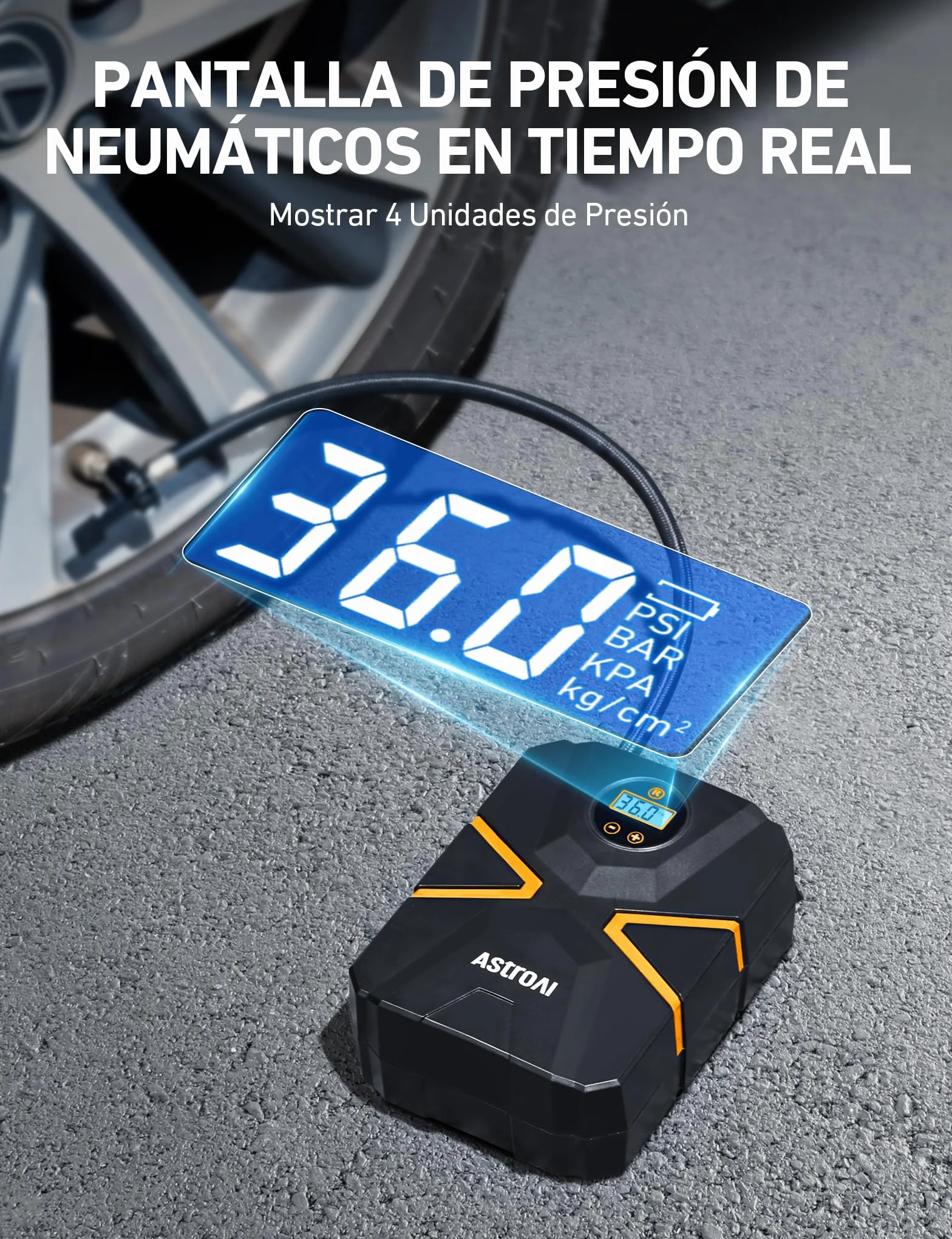 AstroAI Inflador Ruedas Coche Digital 12V, Compresor Aire Portátil 150 PSI, Hinchador Neumáticos Eléctrico Multiuso con Pantalla LCD y Luz LED Apagado Automático para Coche, Bicicleta, Moto y Etc.