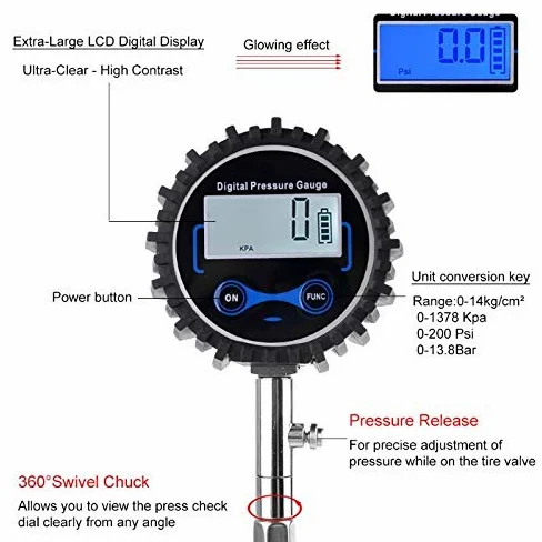 AGAATI Manómetro Digital para neumáticos, 200 PSI, Mandril de Aire Intercambiable, Compatible con Coches, Motocicletas, RV, SUV, Camiones, Bicicletas