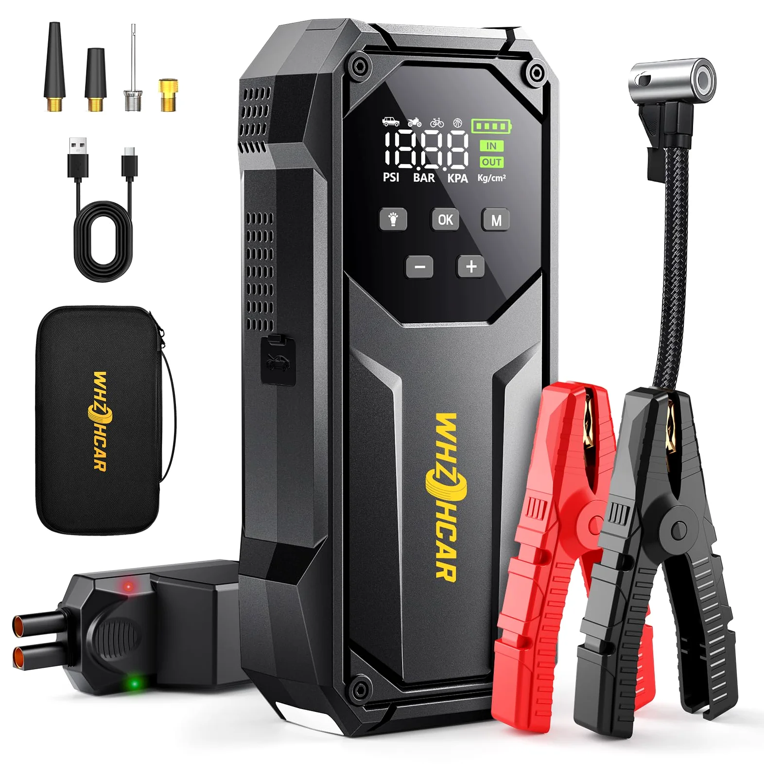 Arrancador de Coches 9000A 12V 26800mAh con Compresor 160 PSI LED 600LM | Arrancador de Baterias de Coche hasta 12LDiésel y Todo Tipo de Gasolina carga rápida USB-C Ideal viajes,emergencias y camping