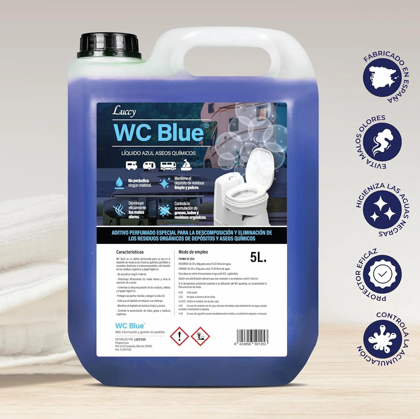 WC Blue 5 L. aditivo para aguas negras, depósito de residuos, Sanitary Fluid para caravanas