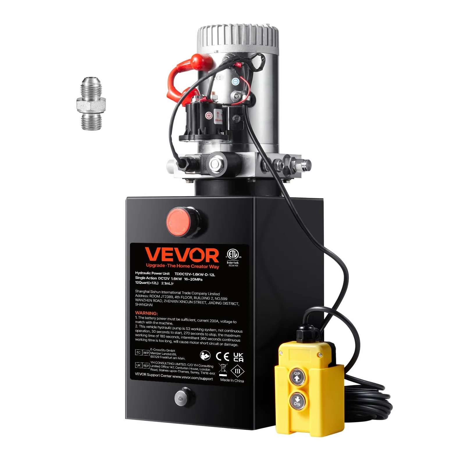 VEVOR Bomba Hidráulica DC 12 V 11 L Unidad Hidráulica de Acción Única Flujo de Aceite 3,44 L/min Presión Máxima de Descarga 22 MPa para Volquete, Plataforma Elevadora, Remolque, Elevación y Descarga