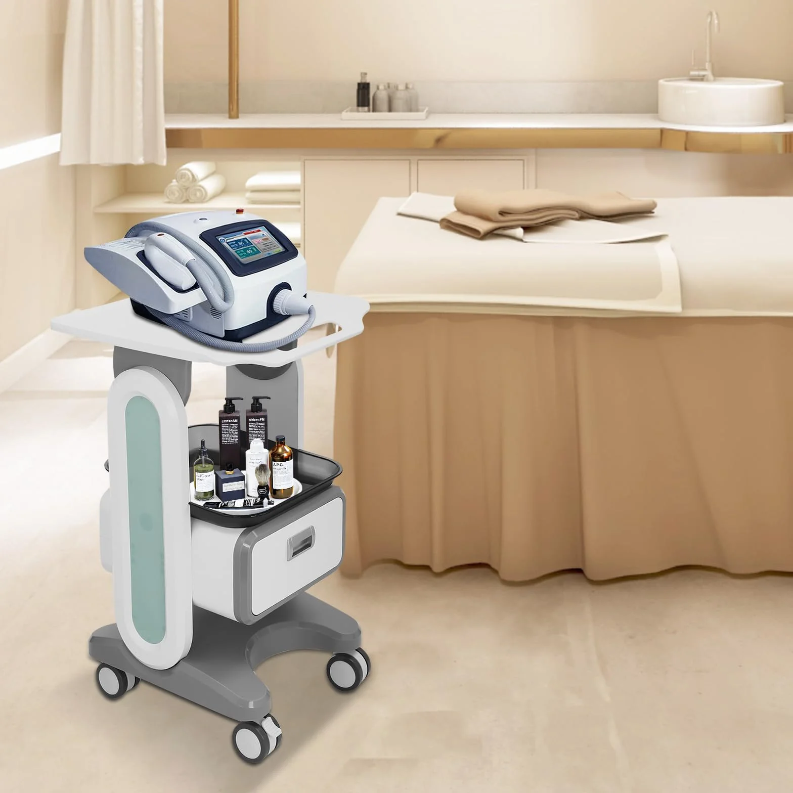 Carro médico con cajón, carrito de belleza móvil con cesta de almacenamiento
