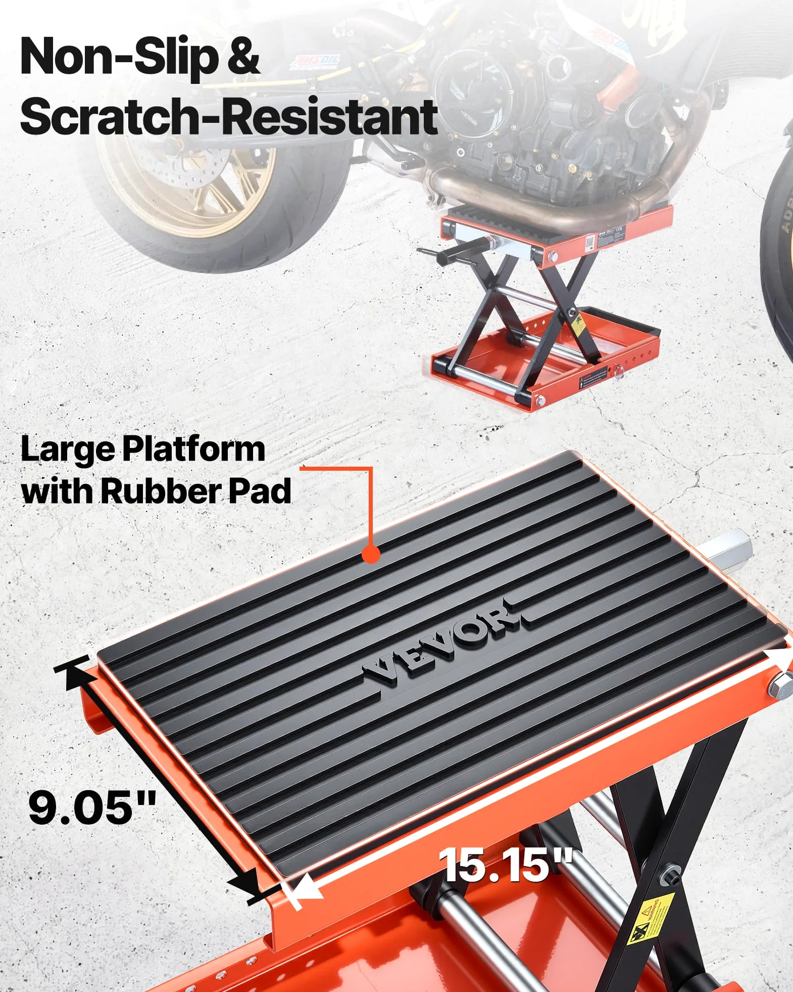 VEVOR Gato Elevador Tijera para Motocicletas 38,5 x 23 cm, Plataforma Elevadora Capacidad de 680 kg, Caballete para Moto Elevación de 105-350 mm para Talleres, Garajes Mecánicos, Naranja y Negro