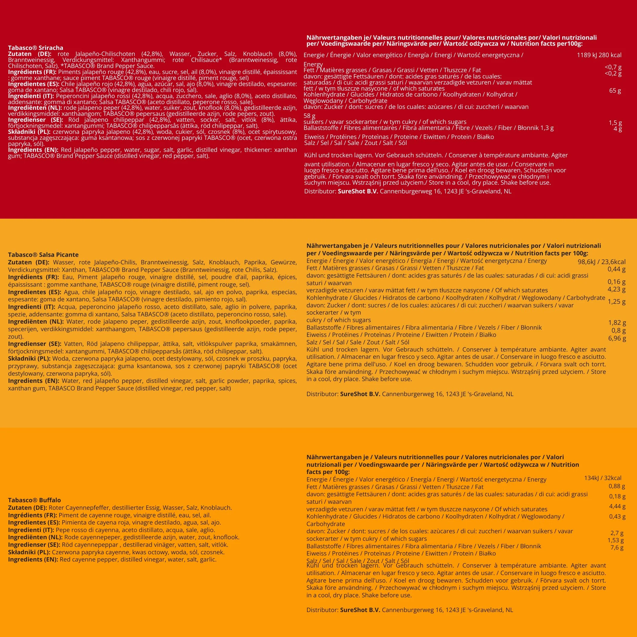 TABASCO 3-pack: Sriracha, Búfalo y Salsa Picante 256 ml Botellas
