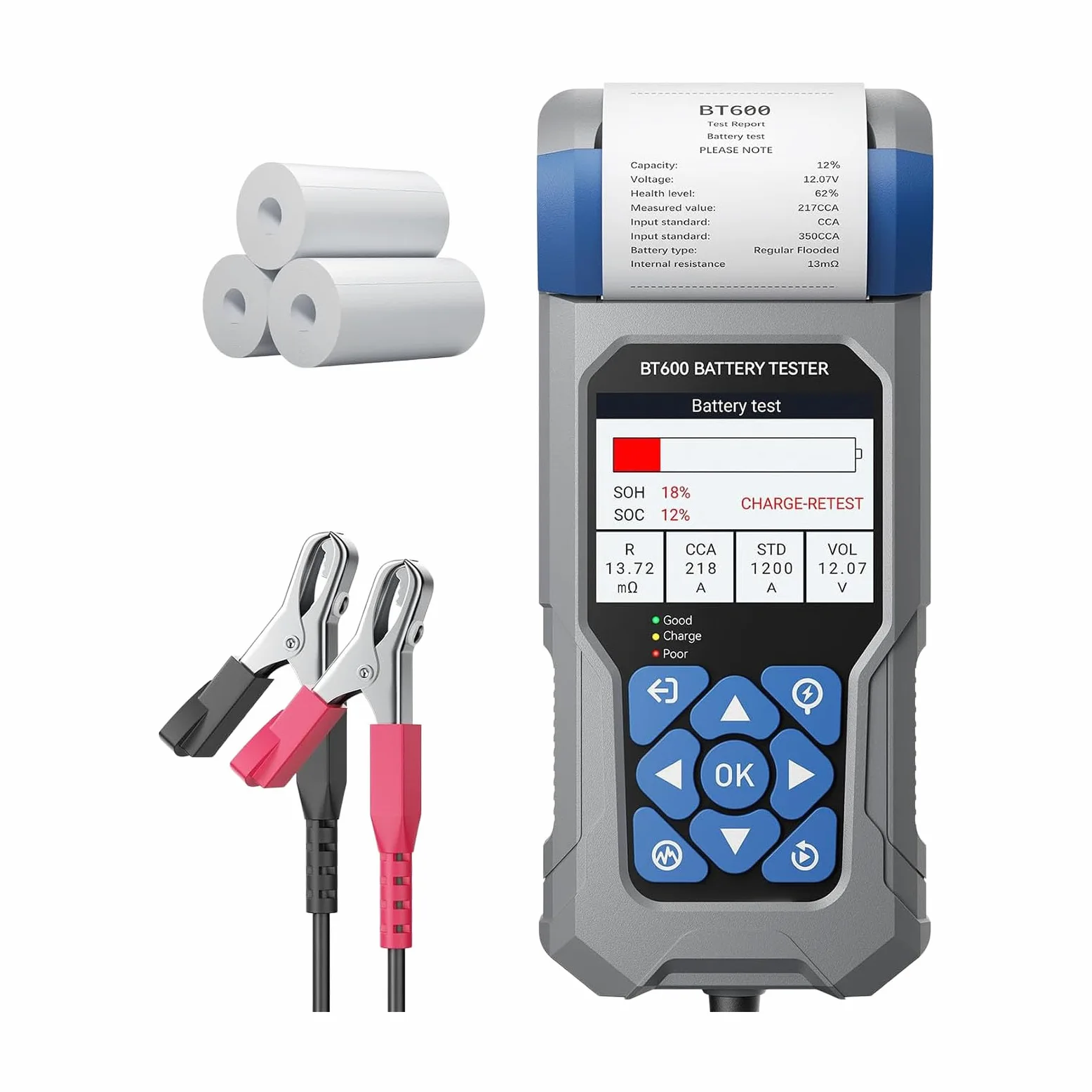 Probador de batería con impresora BT600 VDIAGTOOL para baterías de 6 V, 12 V, 24 V, comprobaciones de arranque y carga, pantalla a color, rollos de papel térmico incluidos