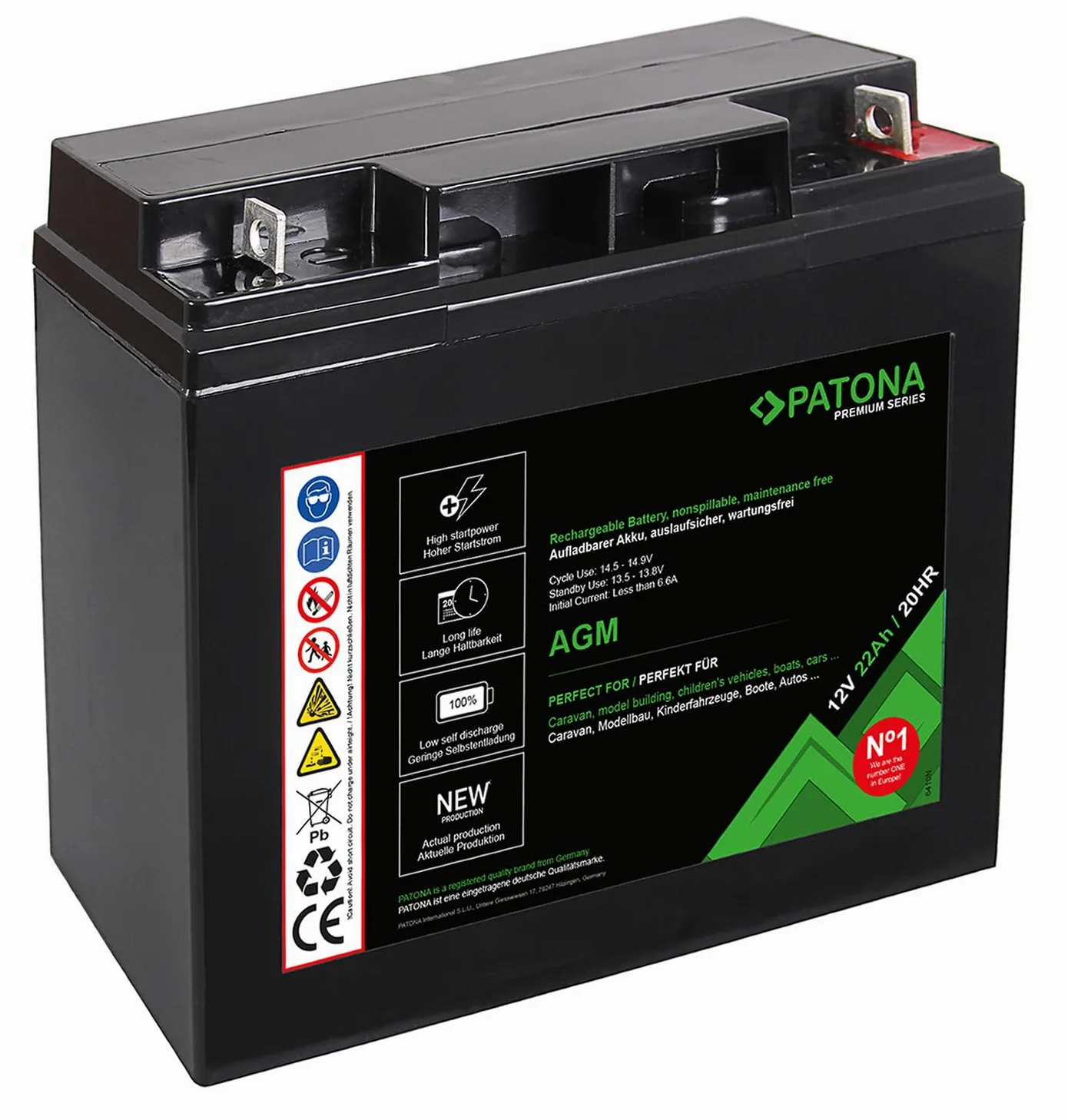 PATONA Premium AGM 12V 22Ah Batería de Plomo Ácido VRLA Sin Mantenimiento | Con 1800 ciclos de carga y tecnología AGM sin mantenimiento, suministro de energía fiable para múltiples aplicaciones