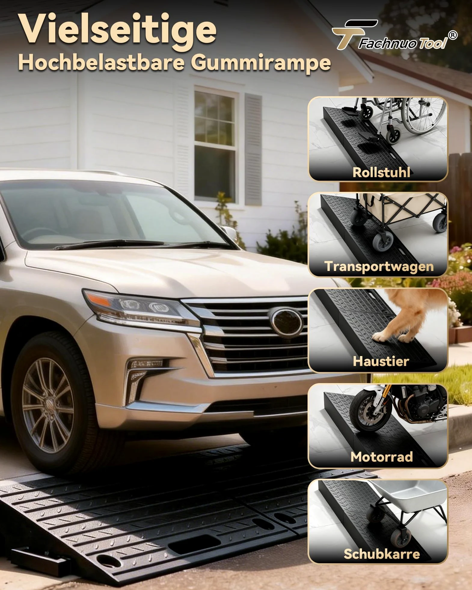 Rampa para bordillos con Capacidad de Carga de 10 toneladas, rampa para umbrales Antideslizante para Coches y Motos, diseño portátil para entradas de vehículos y accesos a Puertas, Juego de 2 Piezas
