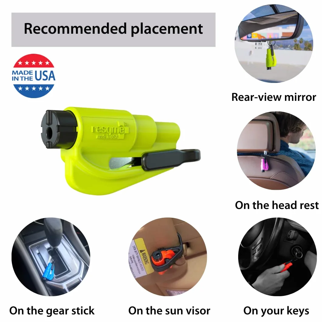 resqme 6 Unidades, la Herramienta de Escape de Coche con Llavero de Emergencia, Cortador de cinturón de Seguridad 2 en 1 y rompeventanas, Martillo de Seguridad Compacto, Amarillo y Negro