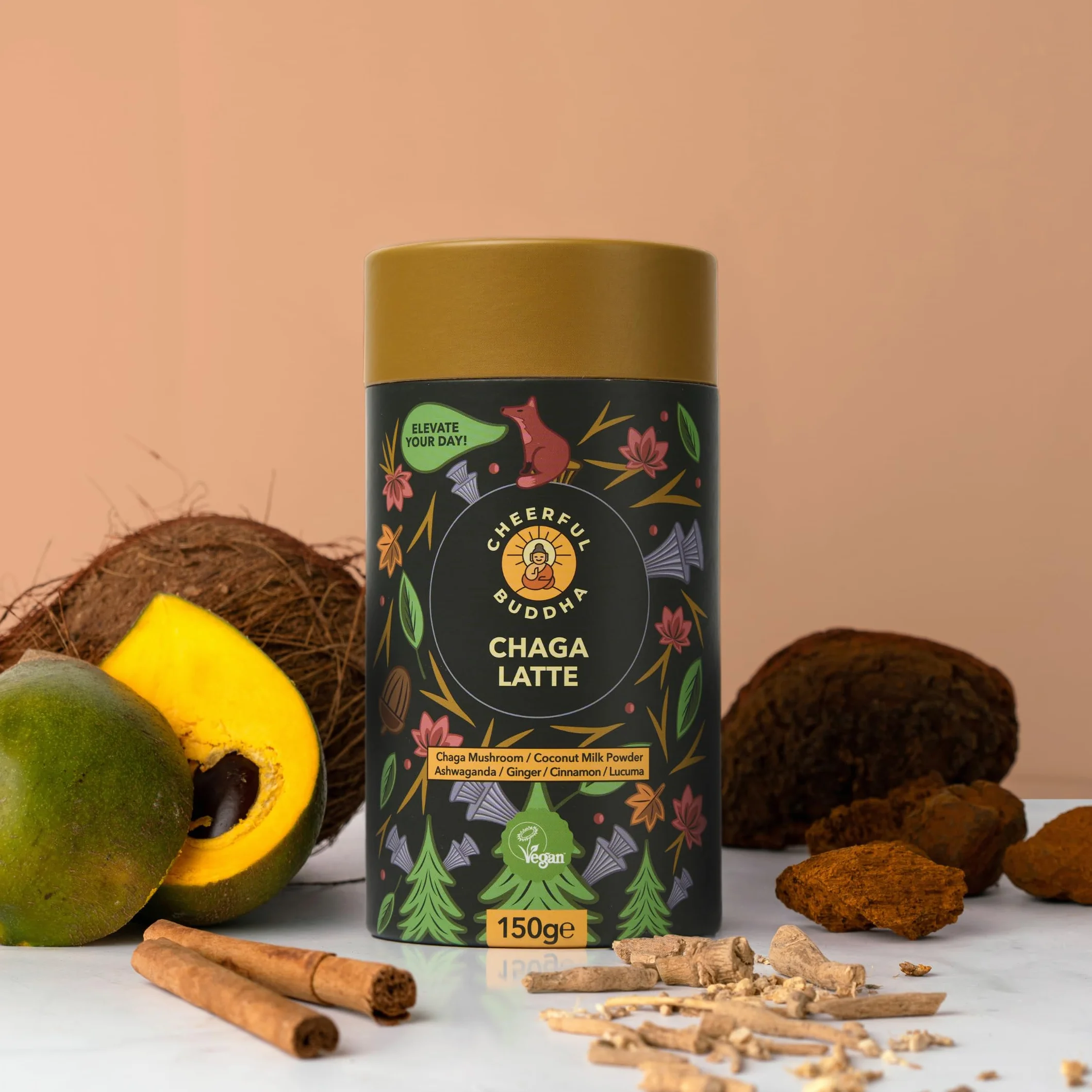 Cheerful Buddha Bebida vegetal con setas Chaga superalimento alternativa al café sin cafeína 150 g