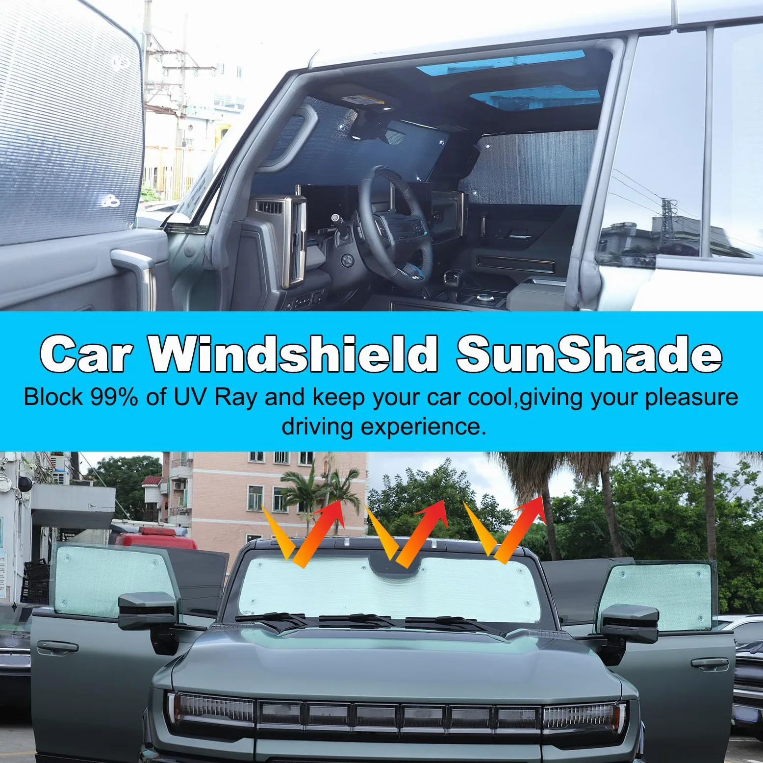 Parasol para parabrisas compatible con Hummer EV 2024 para ventana delantera y lateral, parasol para parabrisas de automóvil, parasol plegable para coche, bloquea los rayos del sol y mantiene tu coche