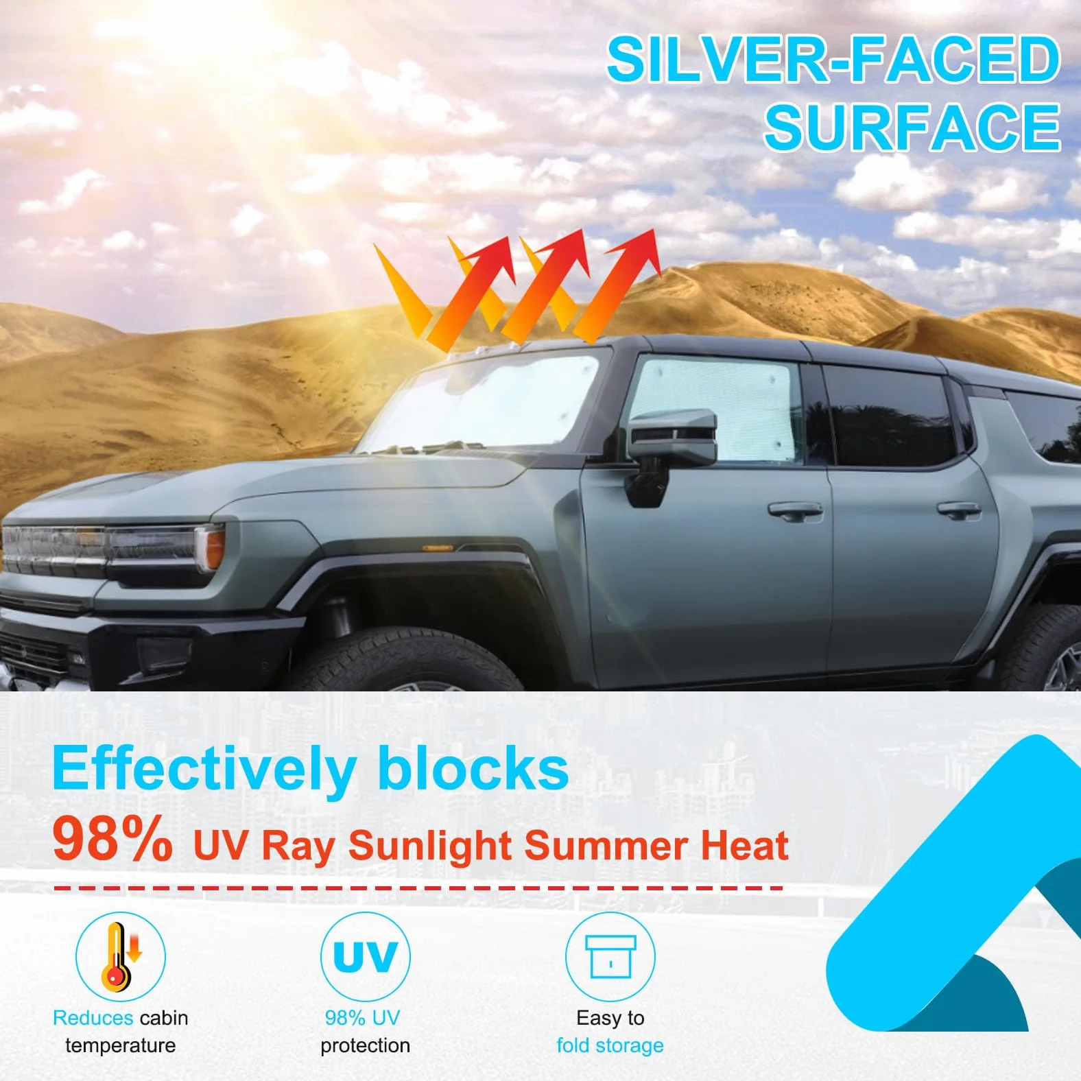Parasol para parabrisas compatible con Hummer EV 2024 para ventana delantera y lateral, parasol para parabrisas de automóvil, parasol plegable para coche, bloquea los rayos del sol y mantiene tu coche