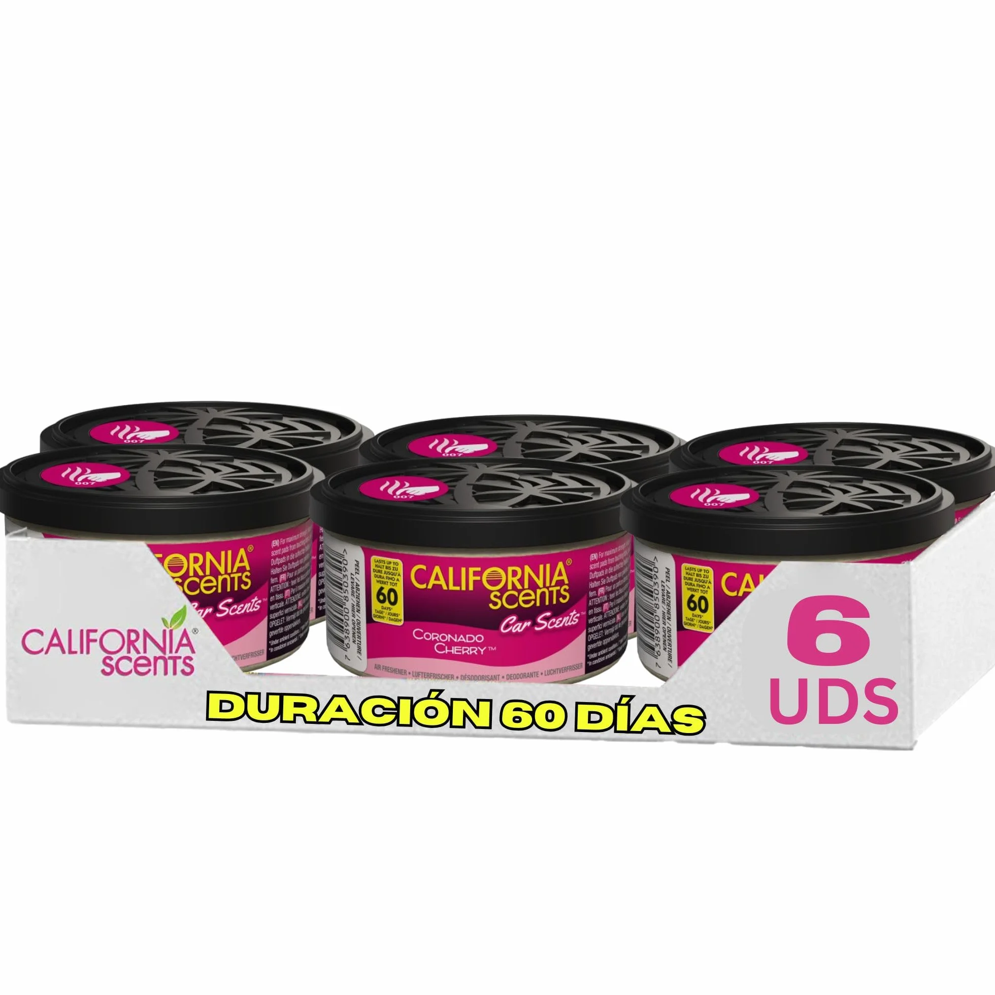 California Scents Ambientador de coche en Lata - 6 Pack - Fragancia Duradera de Cereza (Hasta 30 Días) - Control de Intensidad de Olor para un Ambiente Fresco y Personalizado en tu Coche, 42g