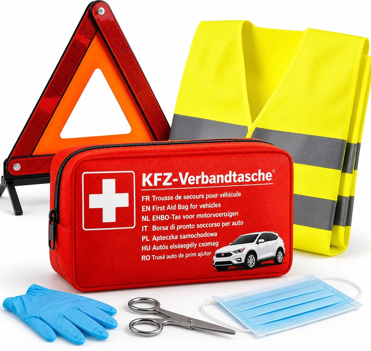 Kit de reparación de averías 3 en 1 para coche con accesorios: botiquín de primeros auxilios, chaleco de seguridad y triángulo de advertencia StVO