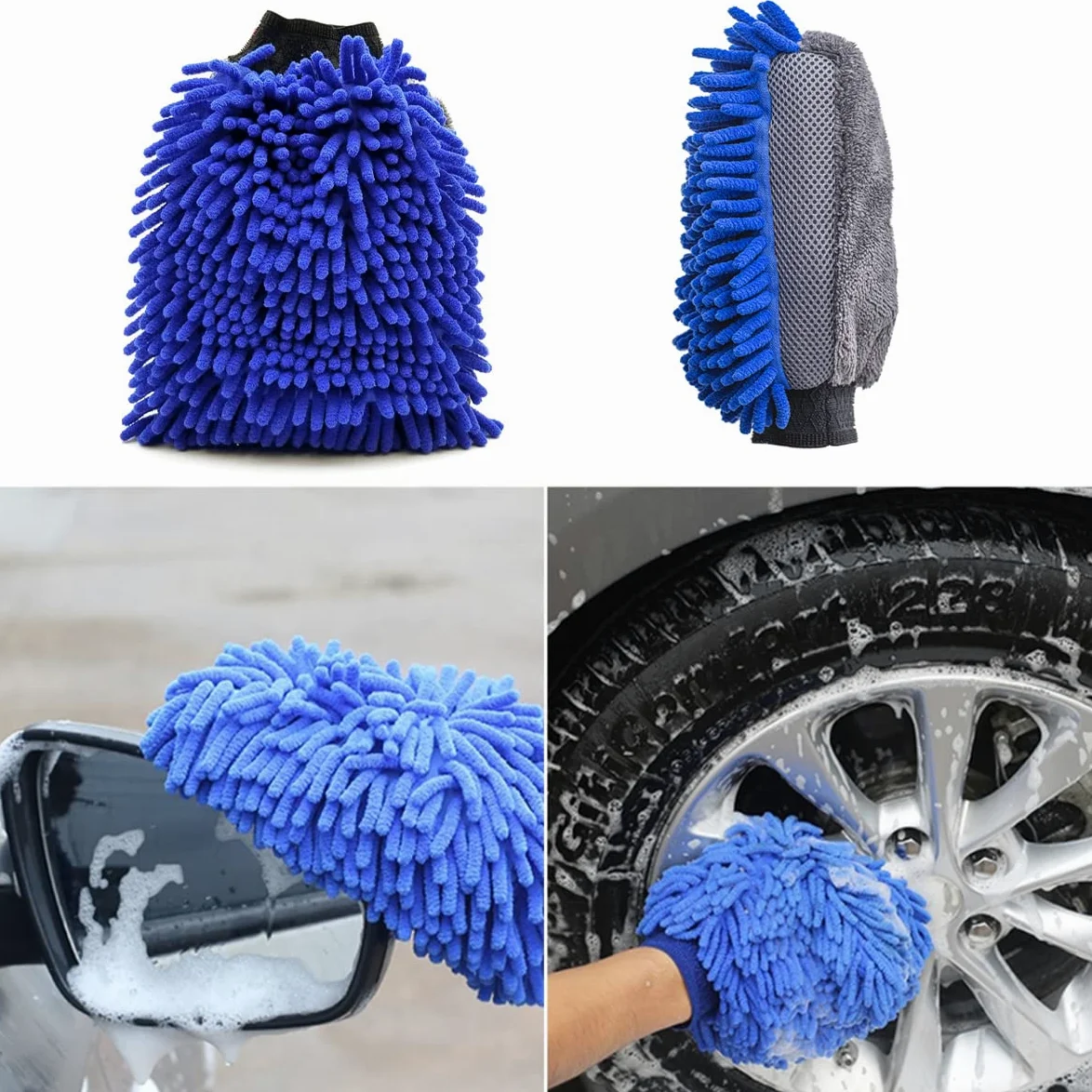 BMLEI Cepillo de lavado de coche con mango largo, guante de microfibra de chenilla con 1 cabezal de repuesto, cepillo de rueda de lavado de coche, barra de extensión, kit de limpieza de cepillo de