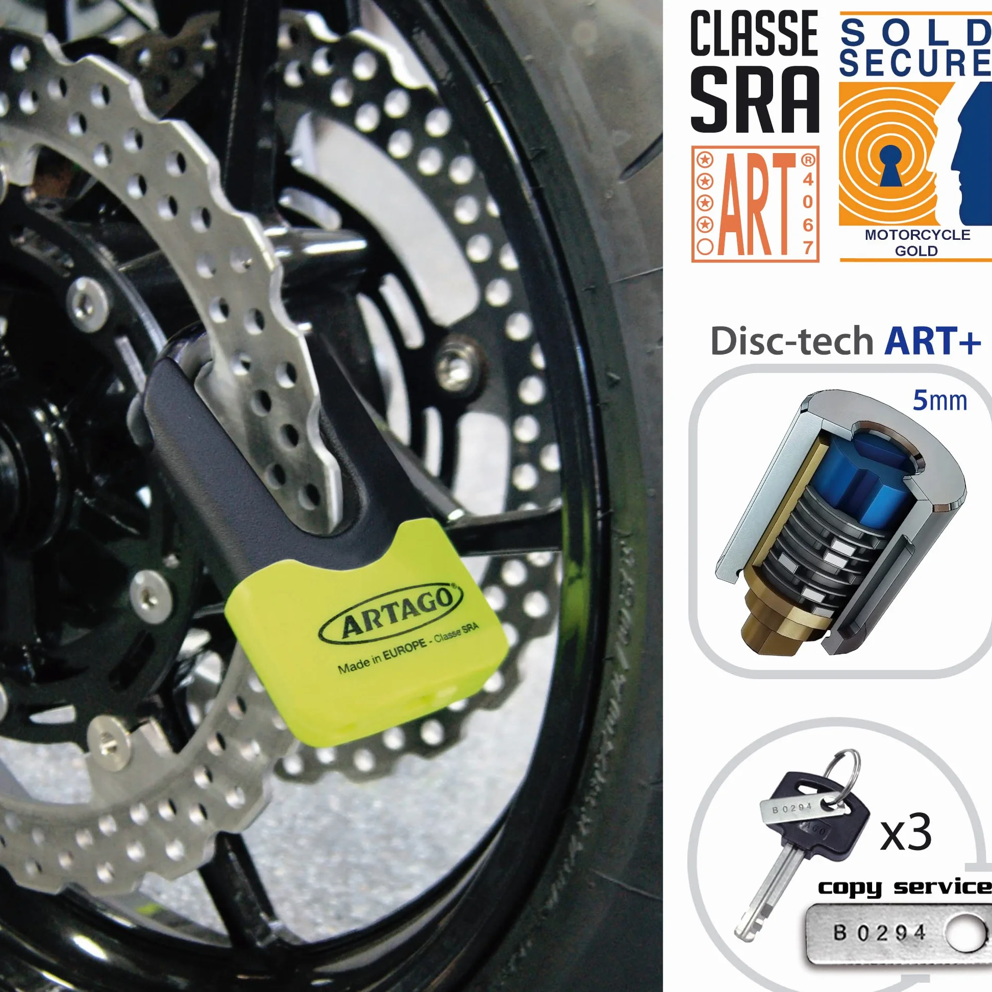Artago 69X2 Pack Candado Antirrobo Disco Alta Seguridad + Soporte para Yamaha MT-07 y Tracer 700, Homologado Sra, Sold Secure Gold, ART4