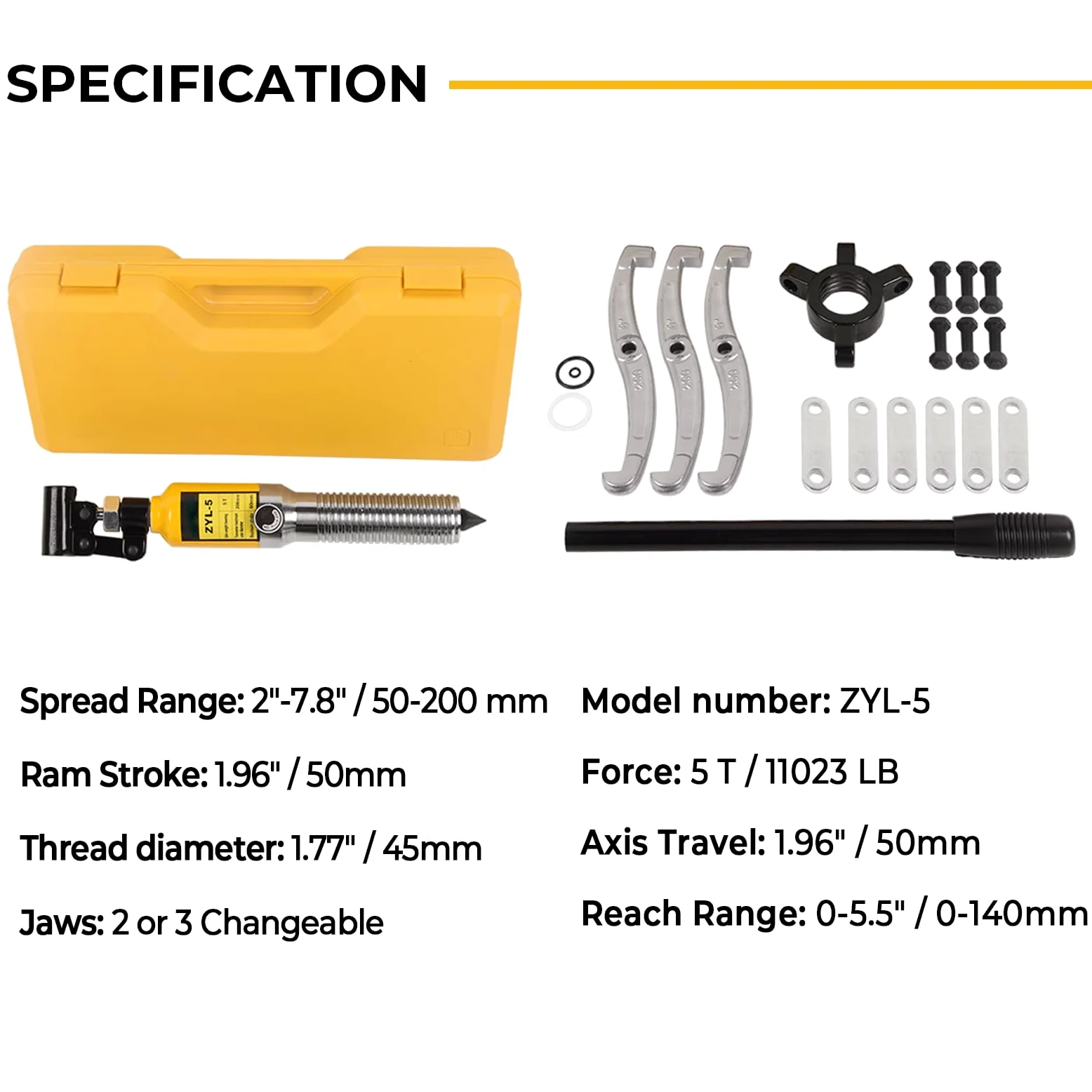 Extractor de engranajes hidráulicos de mandíbula de 8 pulgadas, capacidad máxima de 5 toneladas, separador de buje de rodamiento ajustable de 2 o 3 mandíbulas, vertical y horizontalmente,