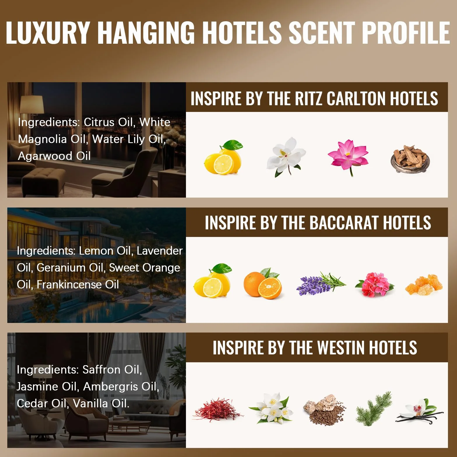 AESHORY Ambientador Coche Hotel 3 X 8ml, Aceites Esenciales Naturales Colgante para Automóvil, Ambientadores Coche con Absorbe Olores de Popular para Hoteles - Hotel Ritz Carlton, Baccarat, Westin